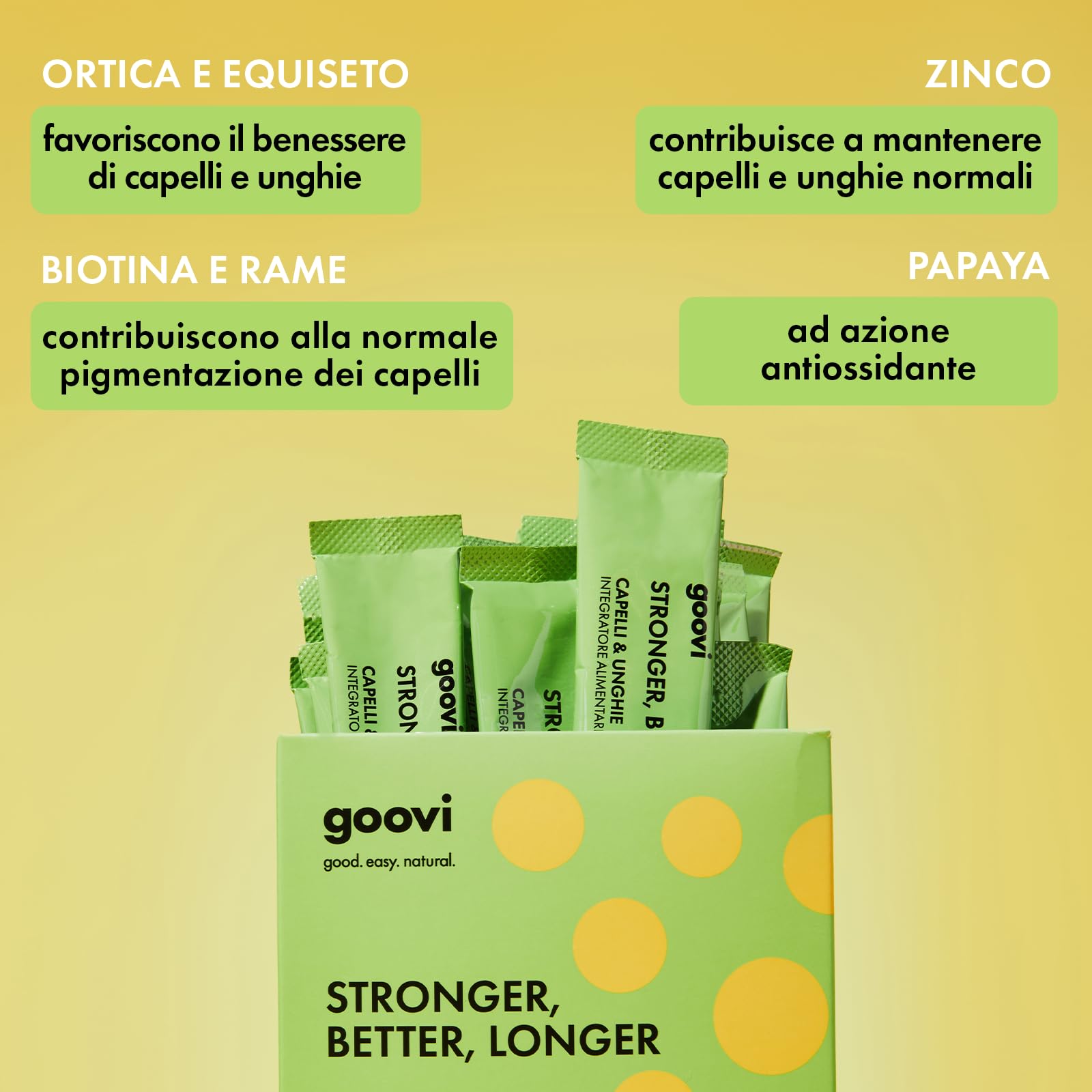 Goovi, Stronger, Better, Longer, Integratore Alimentare per Capelli e Unghie, Rende Capelli e Unghie Sani e Forti, Confezione da 24 Stick Pack da 20 ml, Gusto Papaia