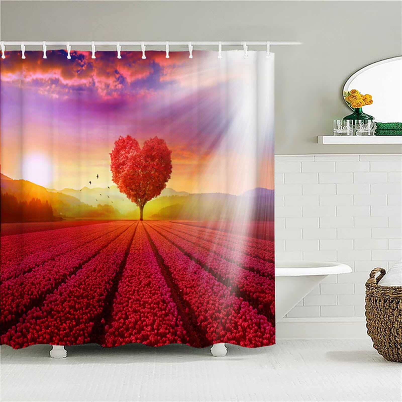 Arbre d'amour Rideau Douche W300cm x L200cm Rideaux de Douche Anti Moisissure Tissu Imperméable avec Crochets,Rideaux Lourd Polyester Lavable,3D Shower Curtain Baignoire Salle de Bains Decor M-96