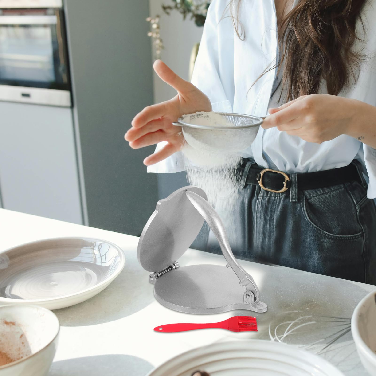 ibasenice Herramienta Multiusos para Presionar Masa de Empanadillas y Pierogi 20 CM de Aluminio Superficie Antiadherente y Cepillo para Cocinar en Hogar