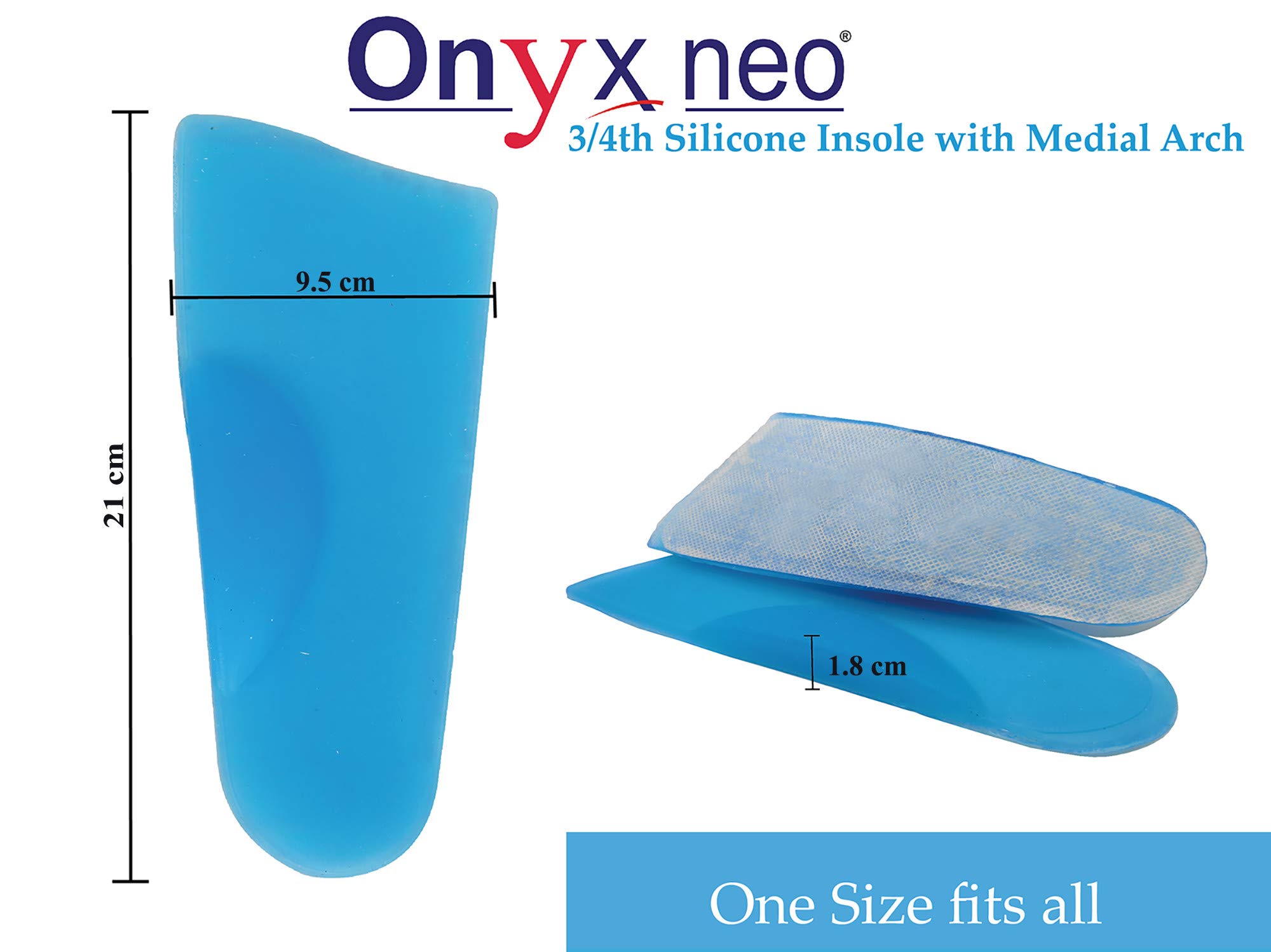 ONYXNEO Silicone 3/4 Insole with Medial Arch Support for Adults- Cushioning, Soft and Bouncy Feel β(Pack of 1 Pair), Universal Size
