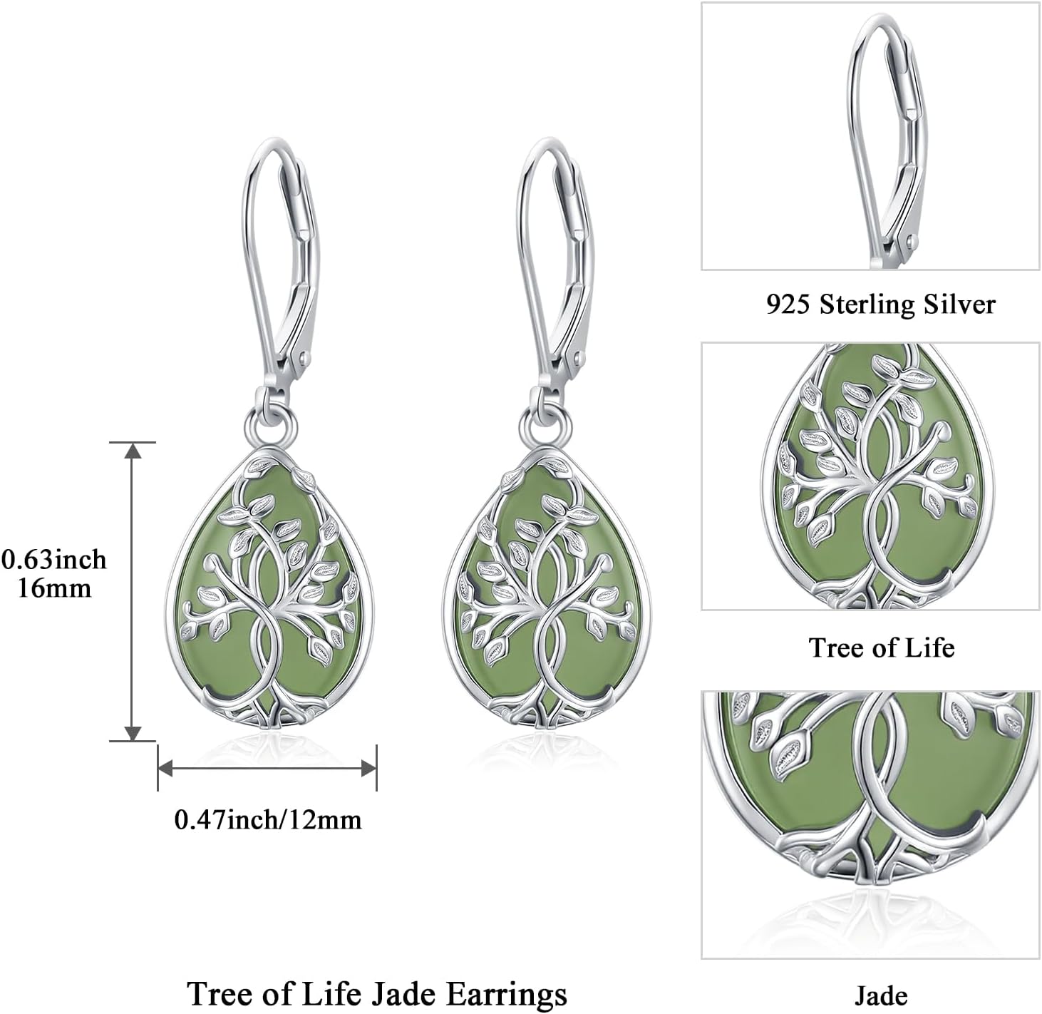 KiiKii Jade Earrings for Women 925 Sterling Silver Tree of Life/Celtic Knot/Filigree/Hummingbird/Cat Dangle Drop Earrings Jade Jewelry Gifts for Christmas Birthday - Image 6