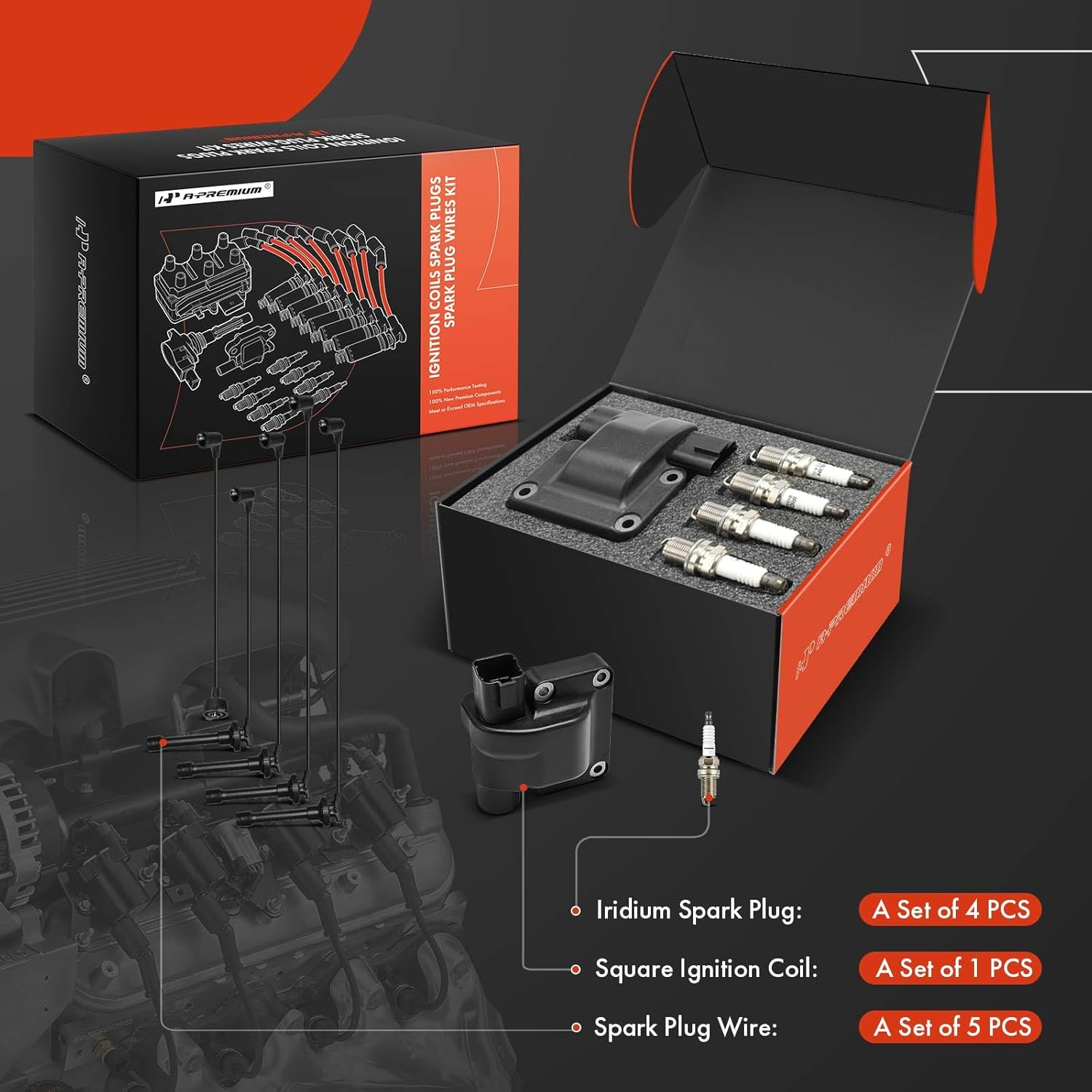 A-Premium 1 Ignition Coils with 5 Spark Plug Wires and 4 Iridium Spark Plugs Compatible with Honda Accord 1997 2.2L