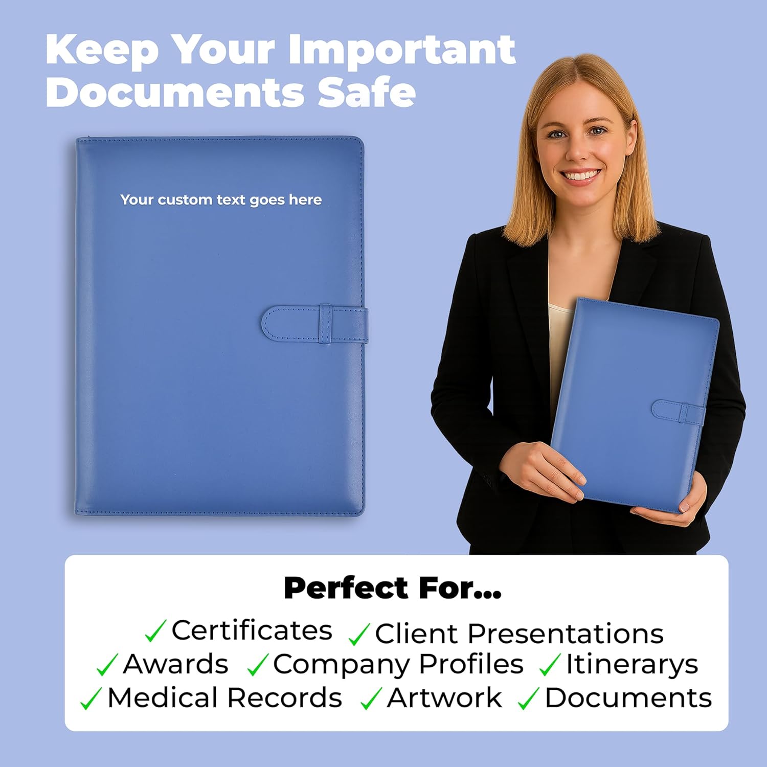 Arpan Personalised Custom Text Professional Presentation Folder, 36 Pockets 72 Sides, A4 Display Book, Faux Leather (Blue)