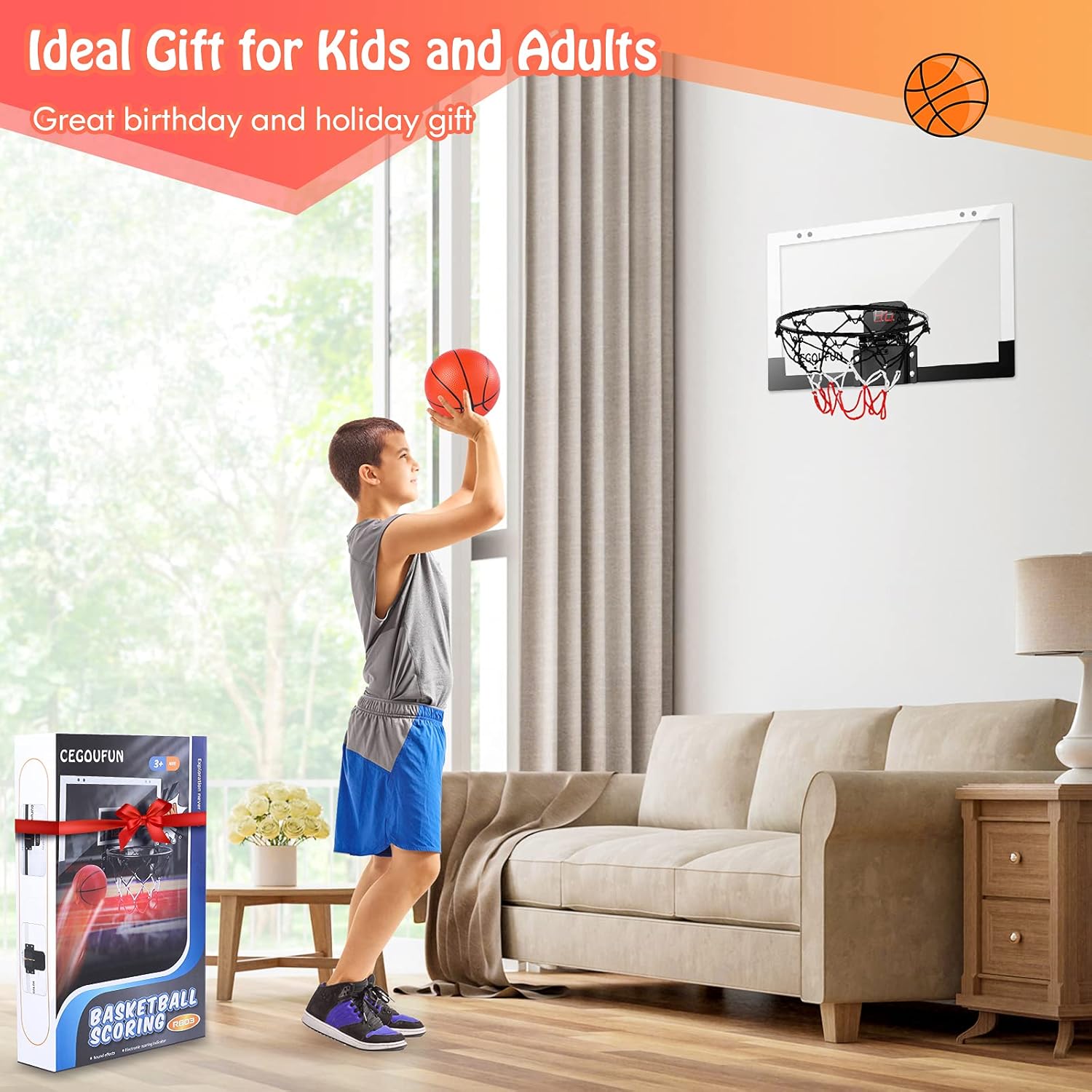 CEGOUFUN Basketball Hoop Indoor with Electronic Scorer, Shatter Resistant Mini Basketball Hoop with 3 Balls, Sturdy Backboard, Indoor Basketball Toy Gifts for Boys Girls Teens Adults : Sports & Outdoors