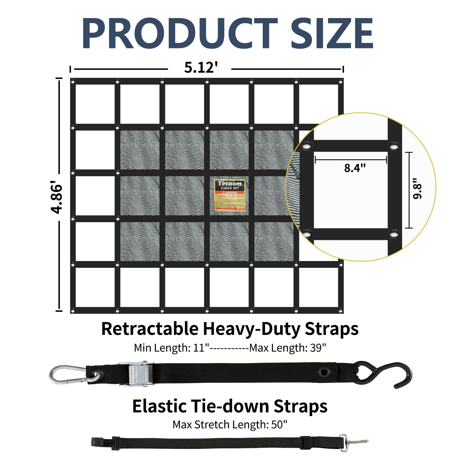 Tecoom Strapazierfähiges Gepäcknetz für Pickup-LKW-Bett, 12 x 13 cm, verstellbare Nockenschnallen, S-Haken und Kreuzgurt, 0,7 kg Kapazität, Gepäcknetz, LKW-Zubehör (147,3 x 155,9 cm)