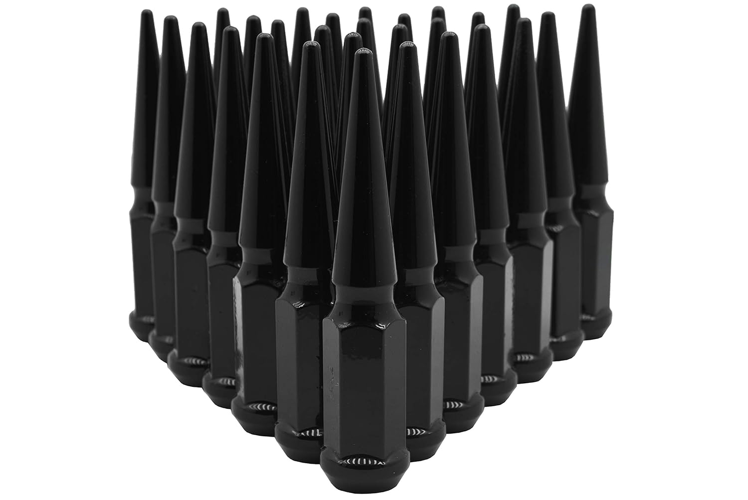24 Pc Gloss Black Spike Lug Nuts Powder Coated | Steel | 4.5" Tall | M14x1.5 Thread Pitch + 1 Key Works/Compatible with 1999-2020 Silverado Sierra 1500 6x5.5 6x139.7mm Aftermarket Wheels