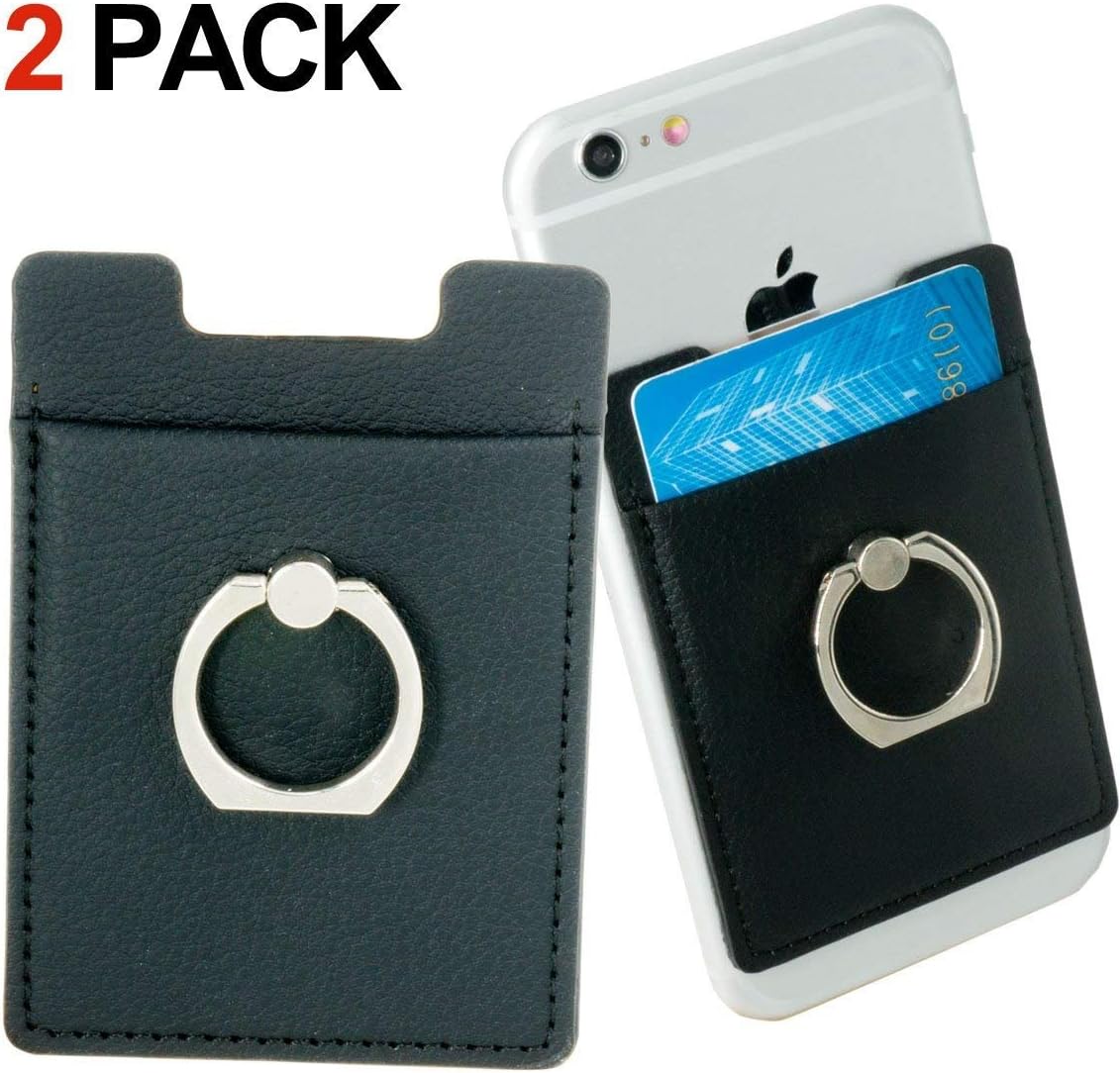2 Pack Premium PU Leather Cell Phone Card Holder with Ring Stand Sticker Firmly Adhesive Stick Back Cover Credit Card Holder Pouch Pocket Wallet for Mobile Cell Phones