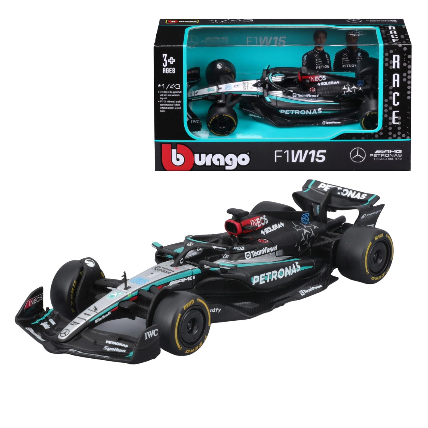 Bburago Formula 1 Mercedes-AMG Petronas F1 W15 Team (2024): 1:43 Scale Model Car from Driver #63 George Russell, Window Box, 12.5 cm, Black Silver (18-38208R)
