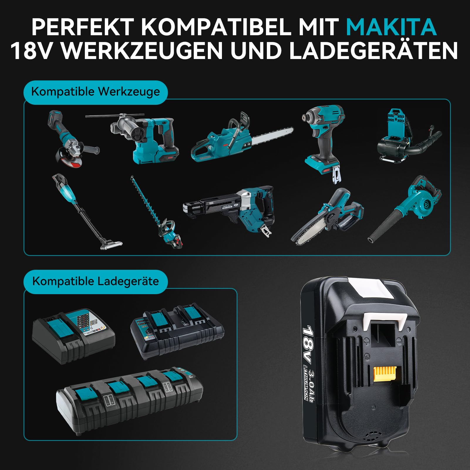 2 pezzi di ricambio 3,0 Ah BL1815 per batteria Makita 18 V agli ioni di litio, compatibile con caricabatterie originali da 18 V e utensili elettrici a batteria BL1830 BL1840 BL1850 BL1860