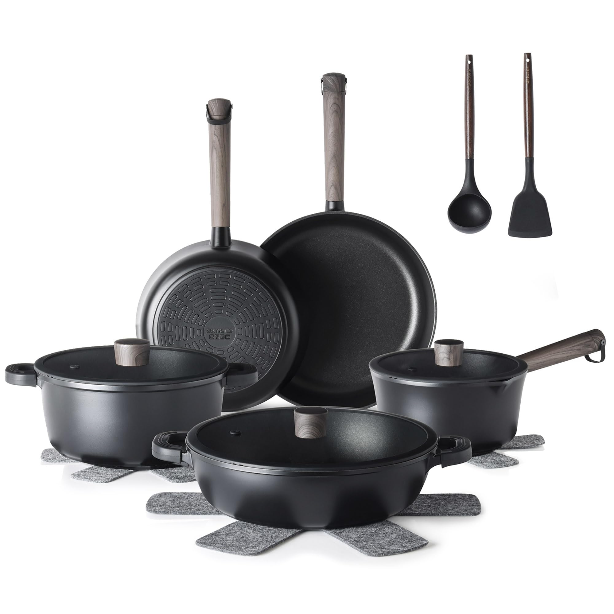 SENSARTE Set di pentole e padelle antiaderenti da cucina non tossico, lavabile in lavastoviglie, compatibile con induzione, senza PTFE/PFOA, 15 pezzi, nero