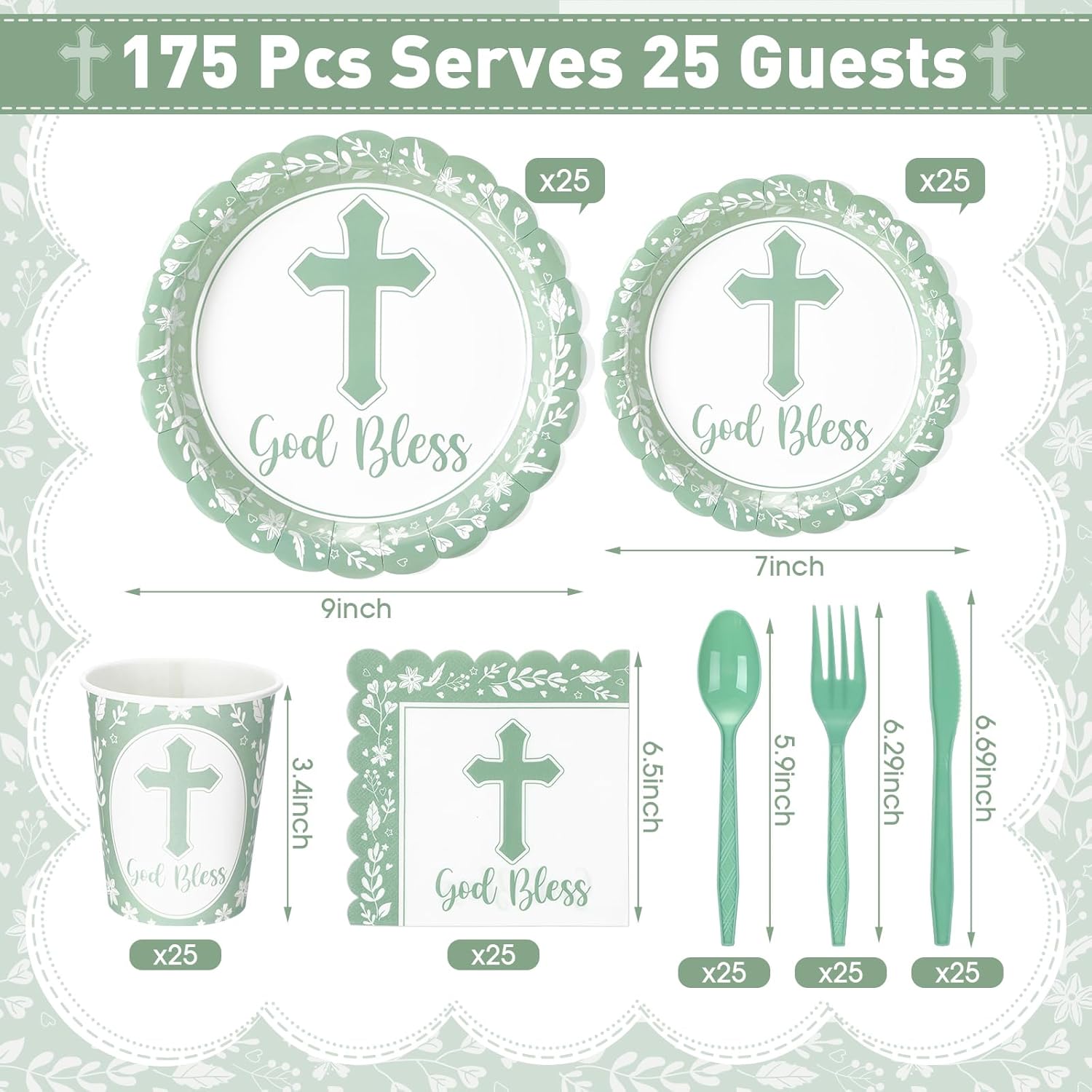 Zhehao 25 Sets Baptism Plates Napkins Party Supply First Communion Decorations God Bless Disposable Cups Cutlery for Newborn Baby Shower Christening Church(Green)