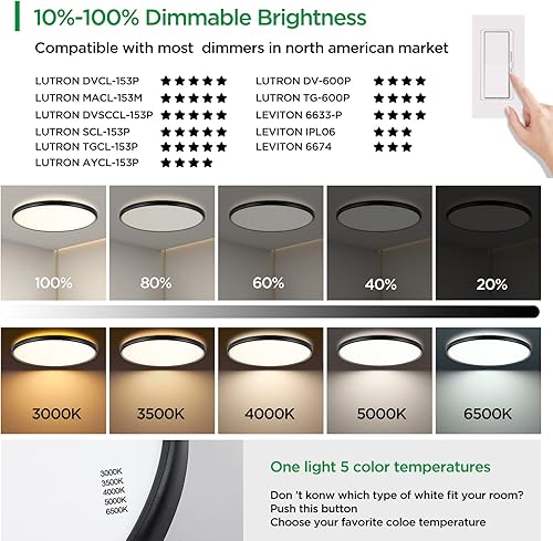 Miniatura 2 de TALOYA Lámpara de techo LED de montaje empotrado negro de 18 pulgadas para sala de estar, comedor, ultrafina, superficie redonda, brillo regulable