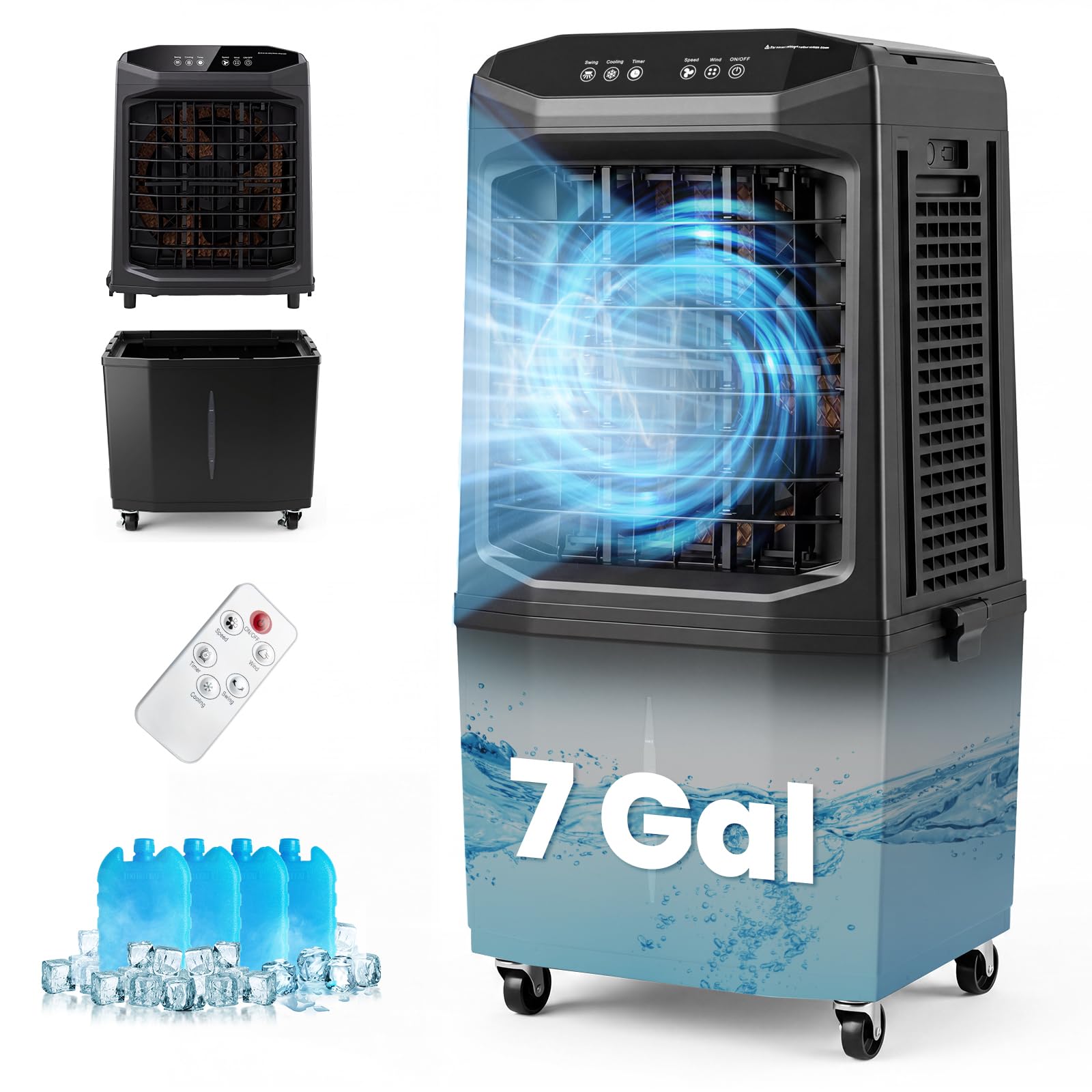 KOTEK 7 Gal Evaporative Air Cooler, 1800 CFM Windowless Portable Swamp Cooler Air Conditioner with 3 Speeds 4 Ice Boxes 12H Timer Remote, Oscillating Cooling Fan for Room Home Gara image 3
