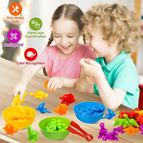 Miniatura 4 de USATDD Juguetes de dinosaurio para contar juegos de clasificación de colores a juego con tazones, actividades de aprendizaje preescolar para