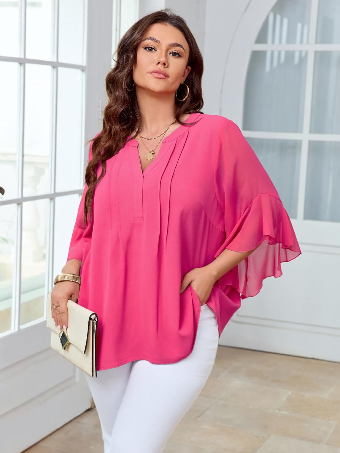 SCOMCHIC Women's Plus Size Blouse 3/4 Sleeve V Neck Chiffon Dressy Casual Shirts Business Work Office Tunic Tops XL-5XL - Image 2