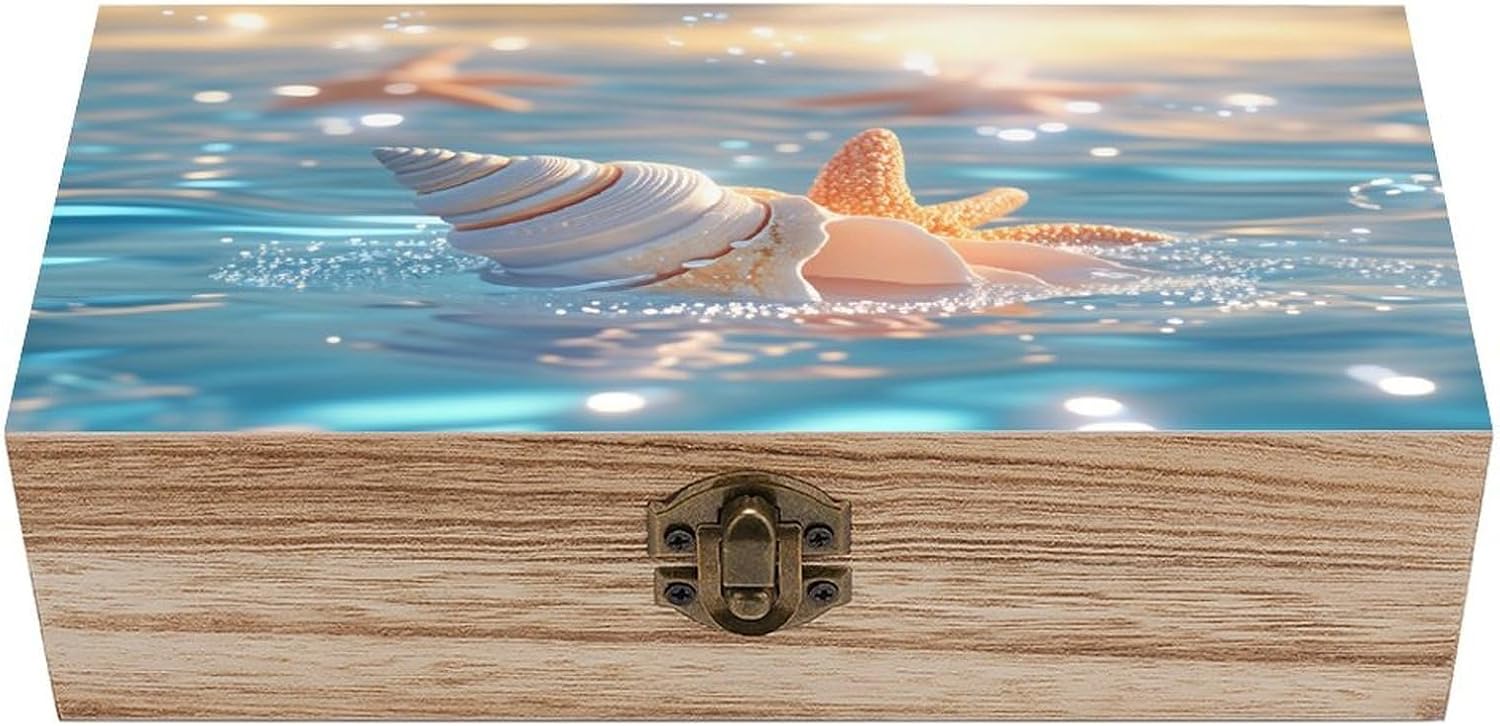 Ocean Wooden Storage Box with Hinged Lid,Vintage Gift Box Natural Wood Keepsake Decorative Rustic Jewelry Box 7.9" L*3.9" W*2.3" H