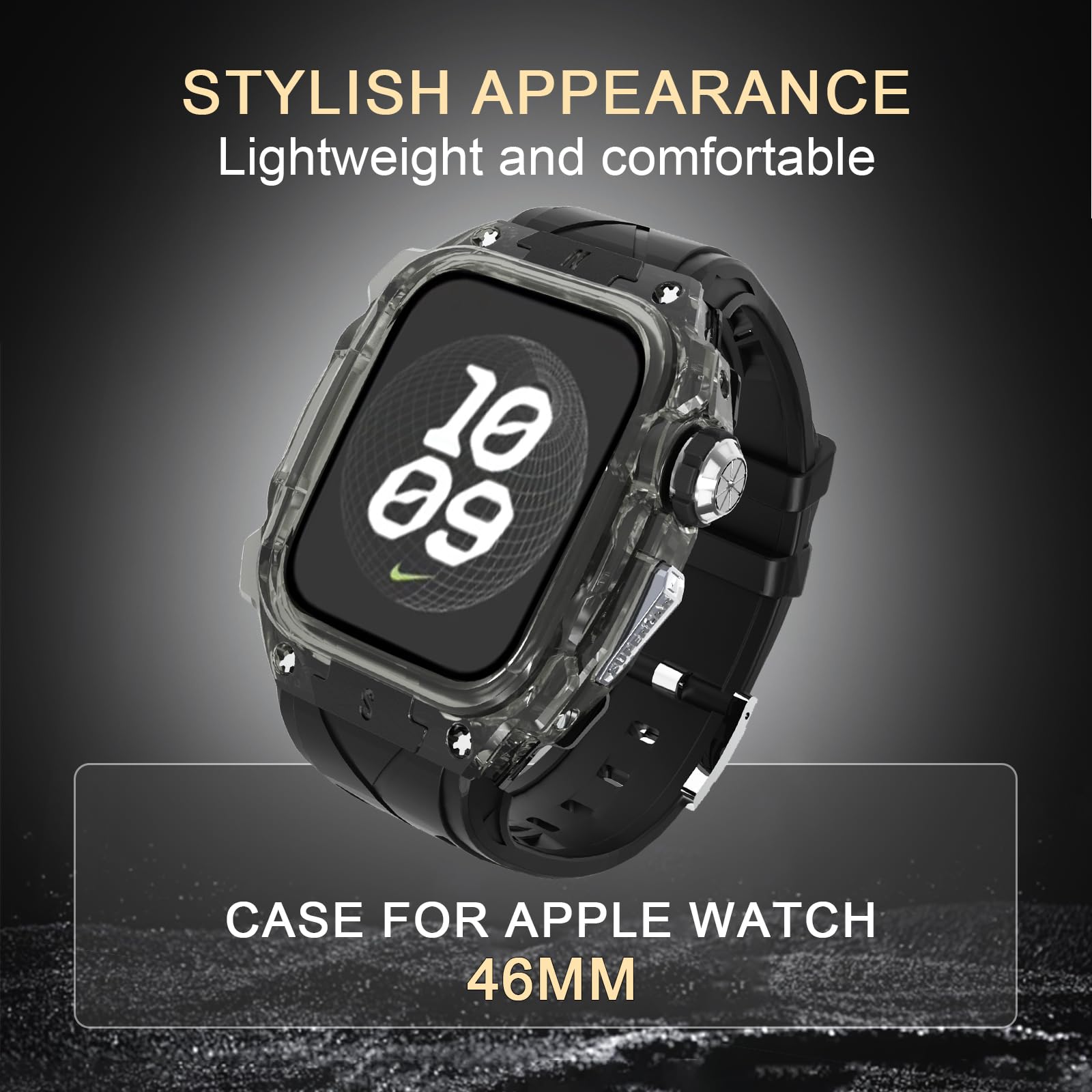 Transparent Designer Rugged Case with Band Compatible with Apple Watch 46mm Bands, Luxury Crystal Clear Military Protective Cover Bumper Tactical for iWatch Series 10 46mm (2024) Men Women Strap (black black)