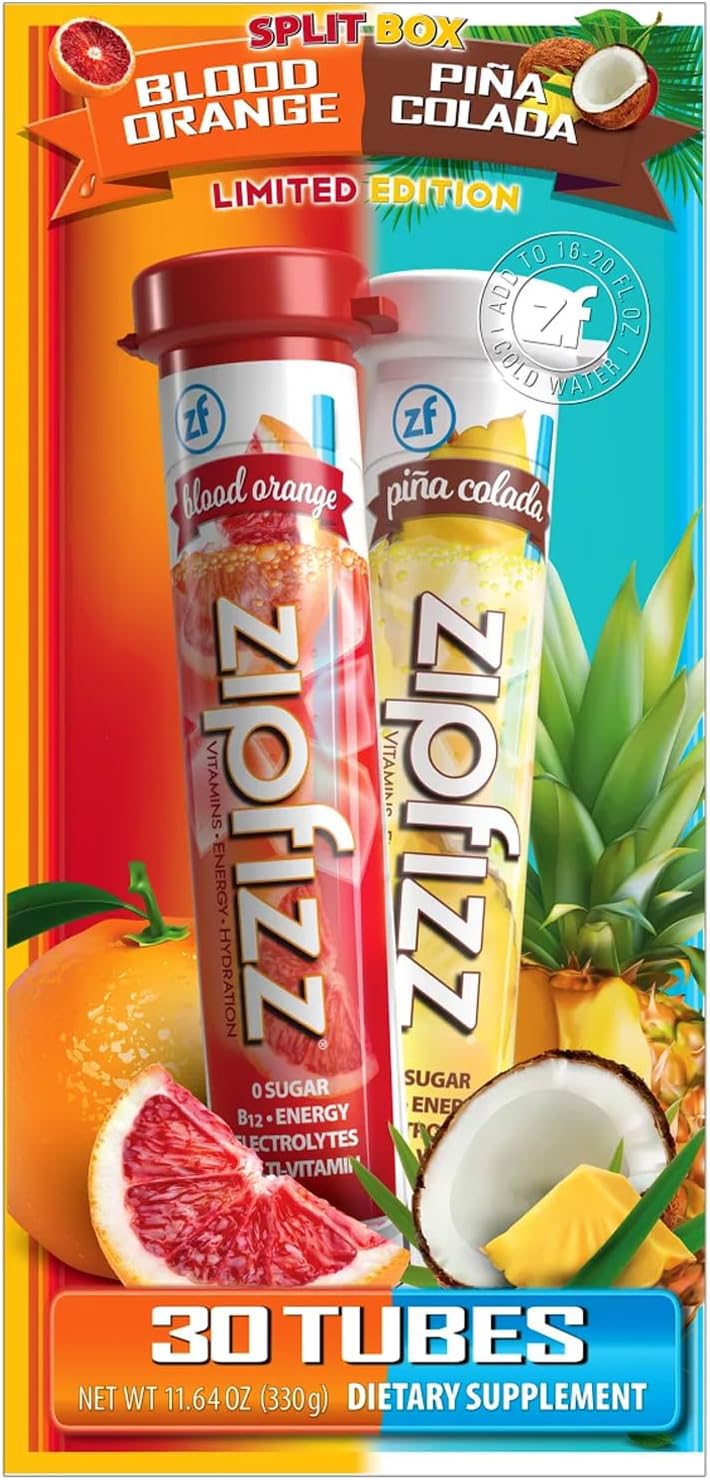 Zip_fizzs Vitamin Energy Hydration Drink Mix, Blood Orange & Pina C Flavors, 30 Count (Split Box), 100% Daily Vitamin C & B12, Caffeine from Natural Sources, Zero Sugar, Low Calorie