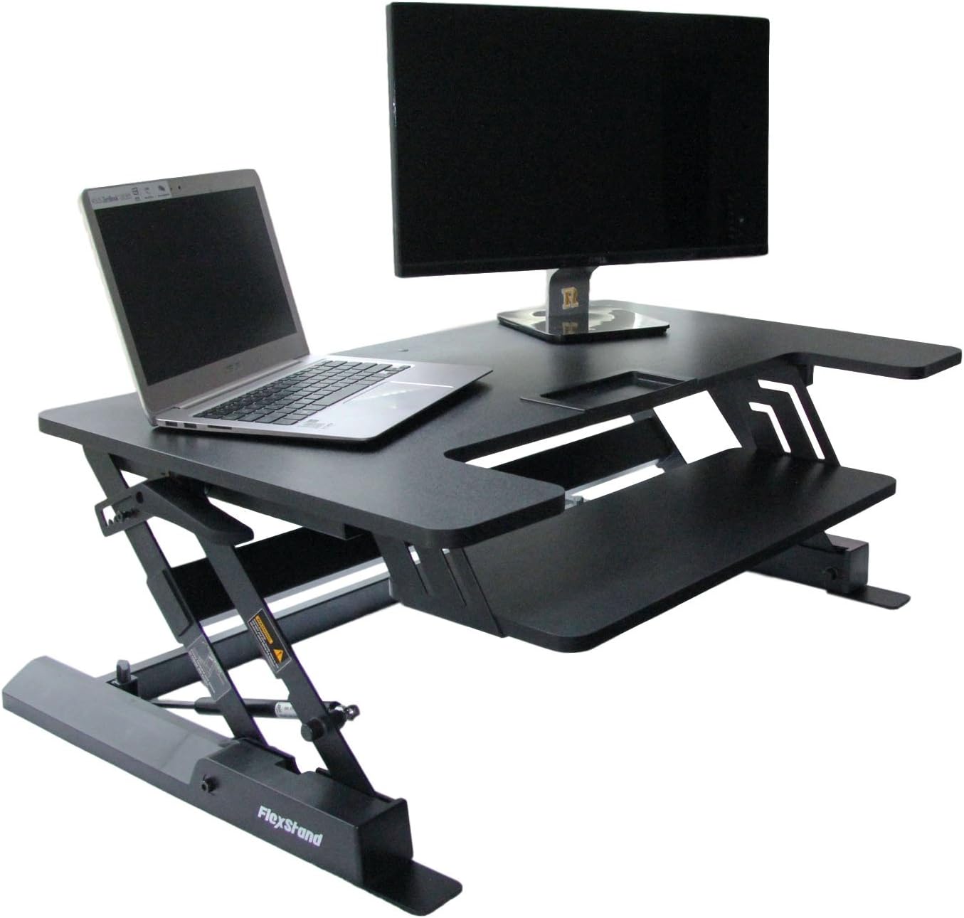 Height Adjustable Elevating Standing Desk Converter, 36" Wide Stand Up Sit Down Computer Table Workstation Riser with Keyboard Tray, 2 Tier, Black