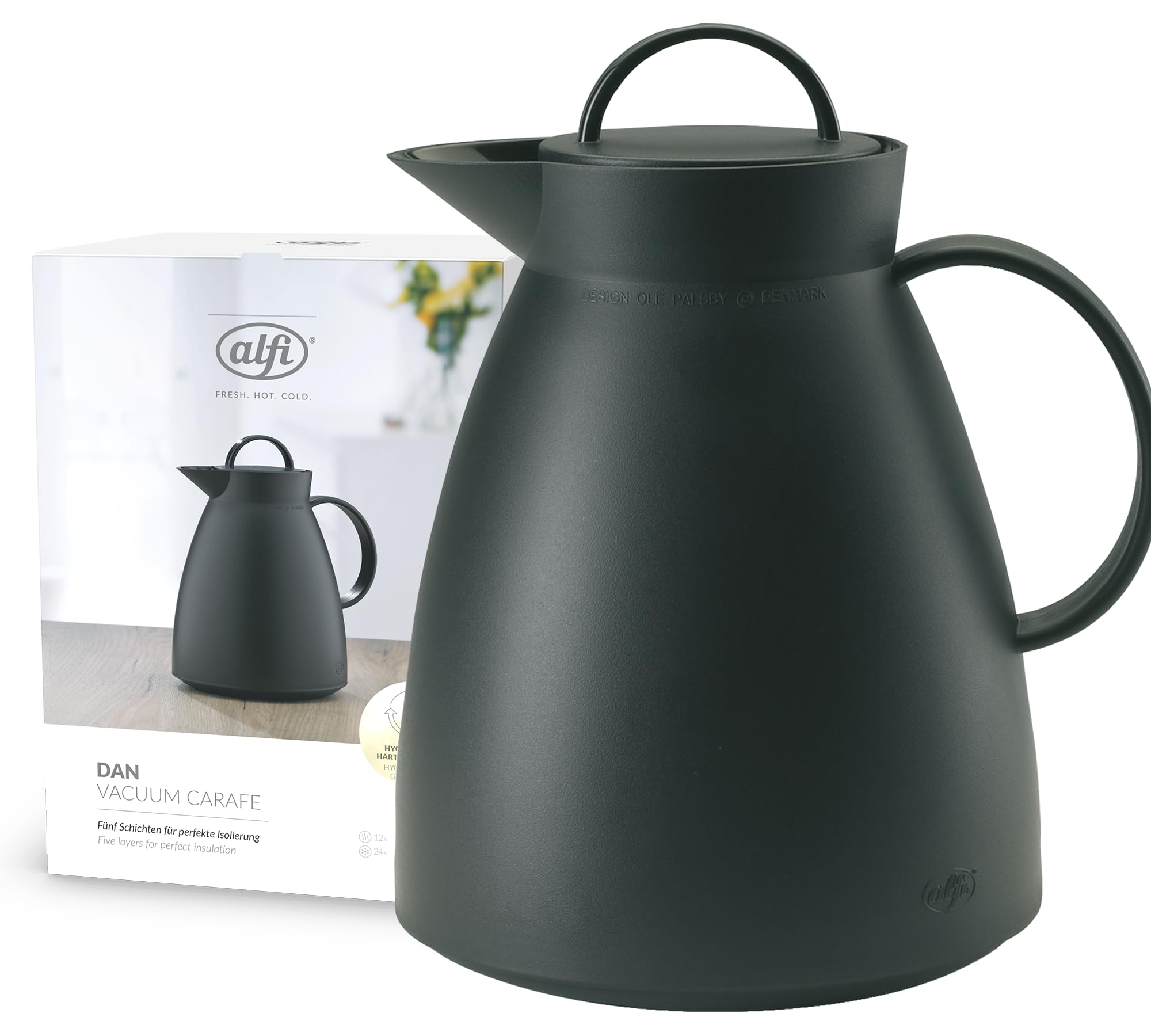 alfi DAN 1,00l, velvet black mat, Kunststoff-Isolierkanne mit hygienischem Hartglaseinsatz, Drehverschluss, Designerstück, ideal als Kaffeekanne, Teekanne, BPA-frei | 24h kalt, Thermoskanne für Kaffee & Tee, mit absolut dichter Drehverschluss, schwarz