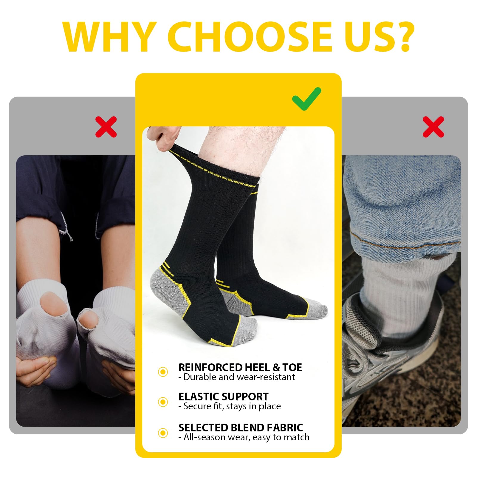 LOFIR Calcetines Trabajo Seguridad para Hombre: Calcetines Sin Costuras Transpirables con Talón y Puntera Reforzados y Suela Acolchada para Botas y Zapatos de Seguridad 10 Pares 39-50