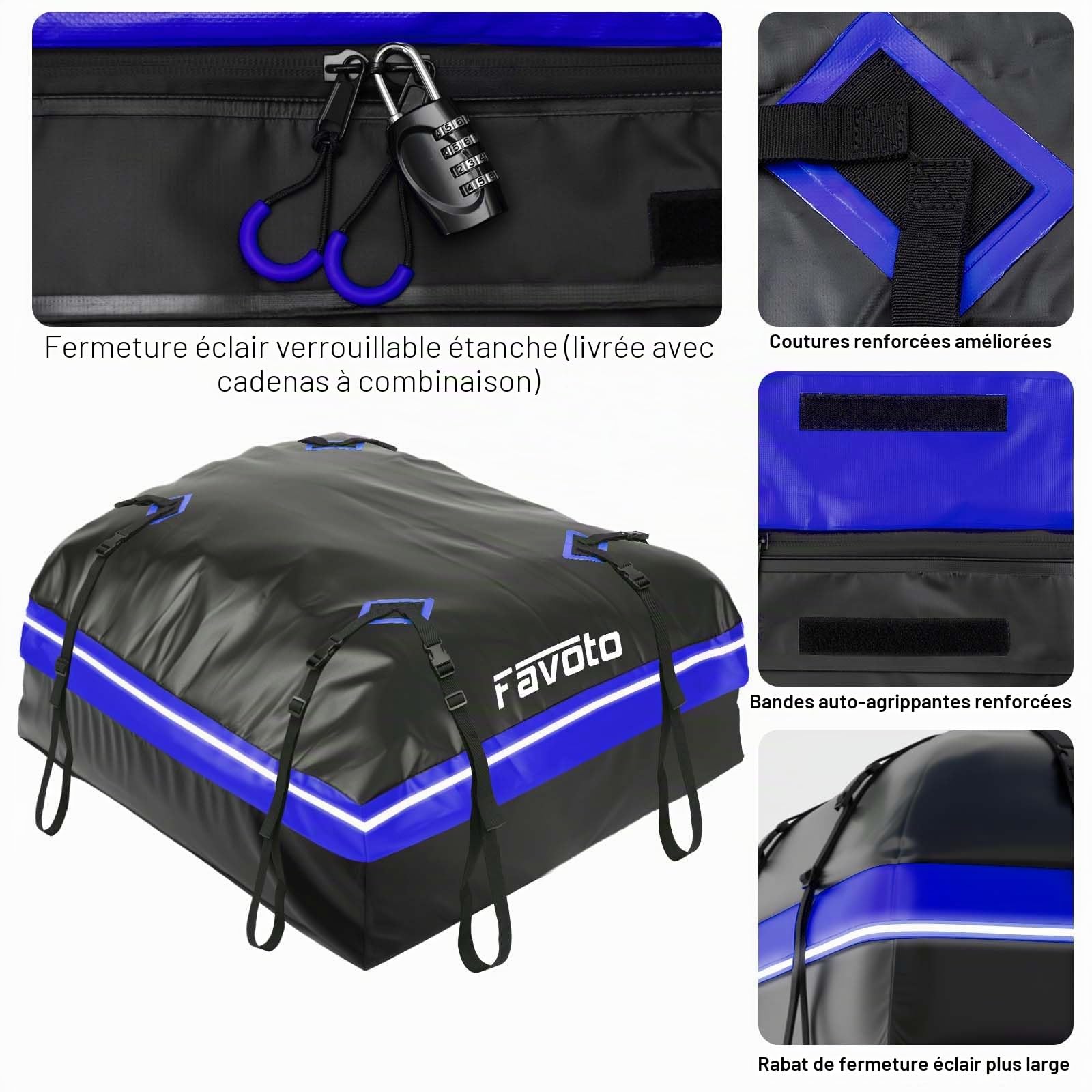 Favoto Coffre de Toit Voiture Imperméable - Sac de Toit Porte-Bagages 425L Pliable avec Tapis Antidérapant Crochet de Porte et Sangles de Renfort pour Le Transport des Bagages Bleu