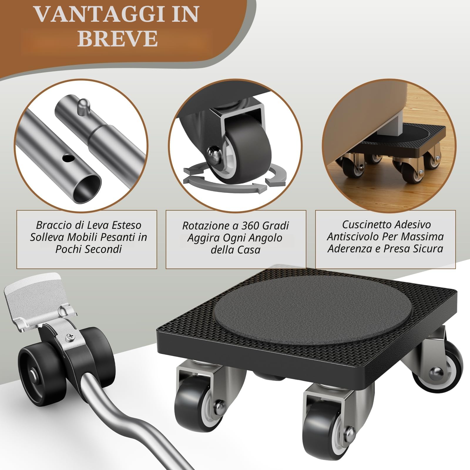 ONEON Sollevatore Mobili con Ruote, Ruote a Rotazione 360° per Spostare Mobili Pesanti e Elettrodomestici, Portata 227 KG, con Sollevatore Ausiliario - Dolly Standard
