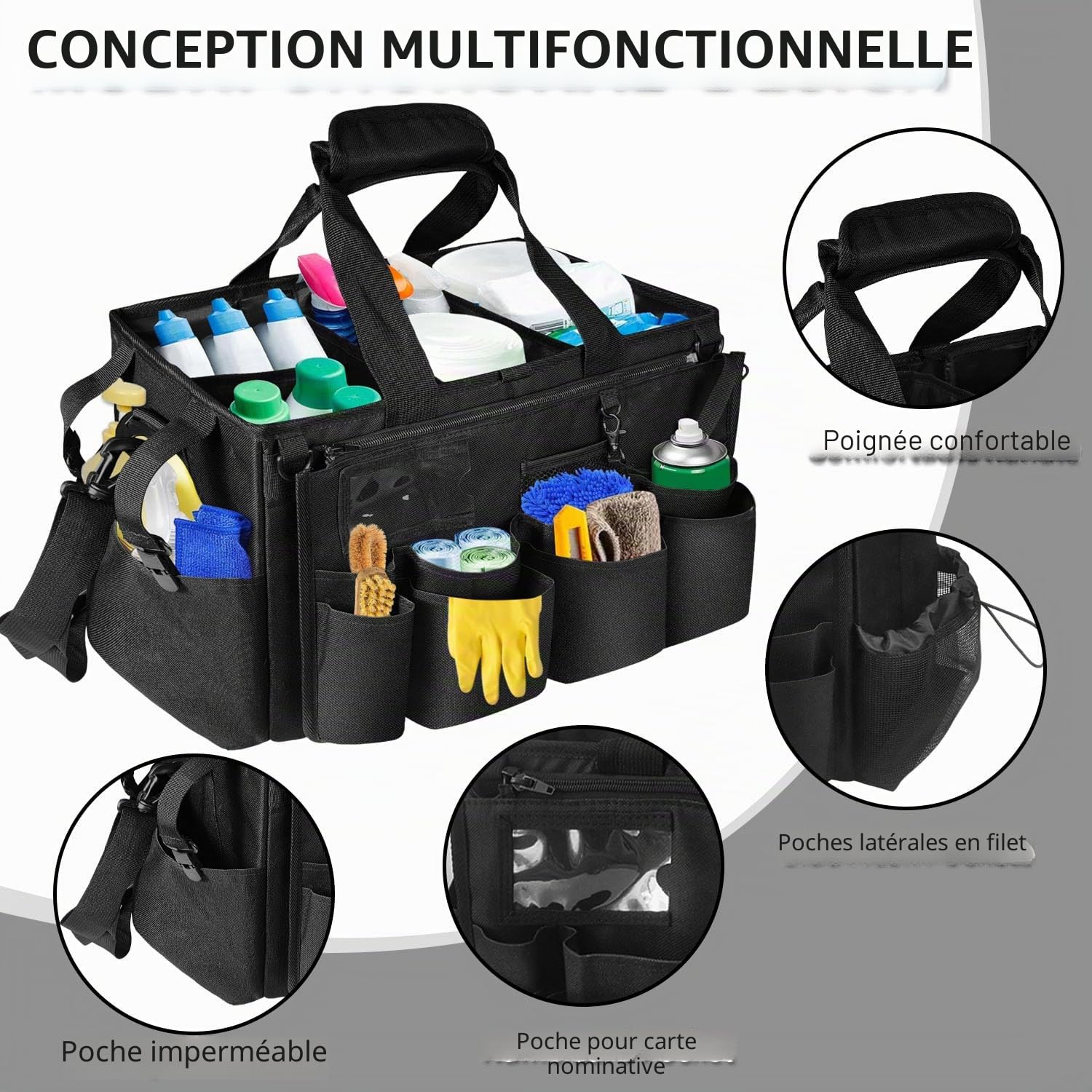 Boczif Sac de Nettoyage Portable, Organiseur de Fournitures de Nettoyage avec poignée, Bretelles et séparation Amovible, Organiseur d'outils de Nettoyage pour nettoyeurs et Femmes de ménage (Noir)