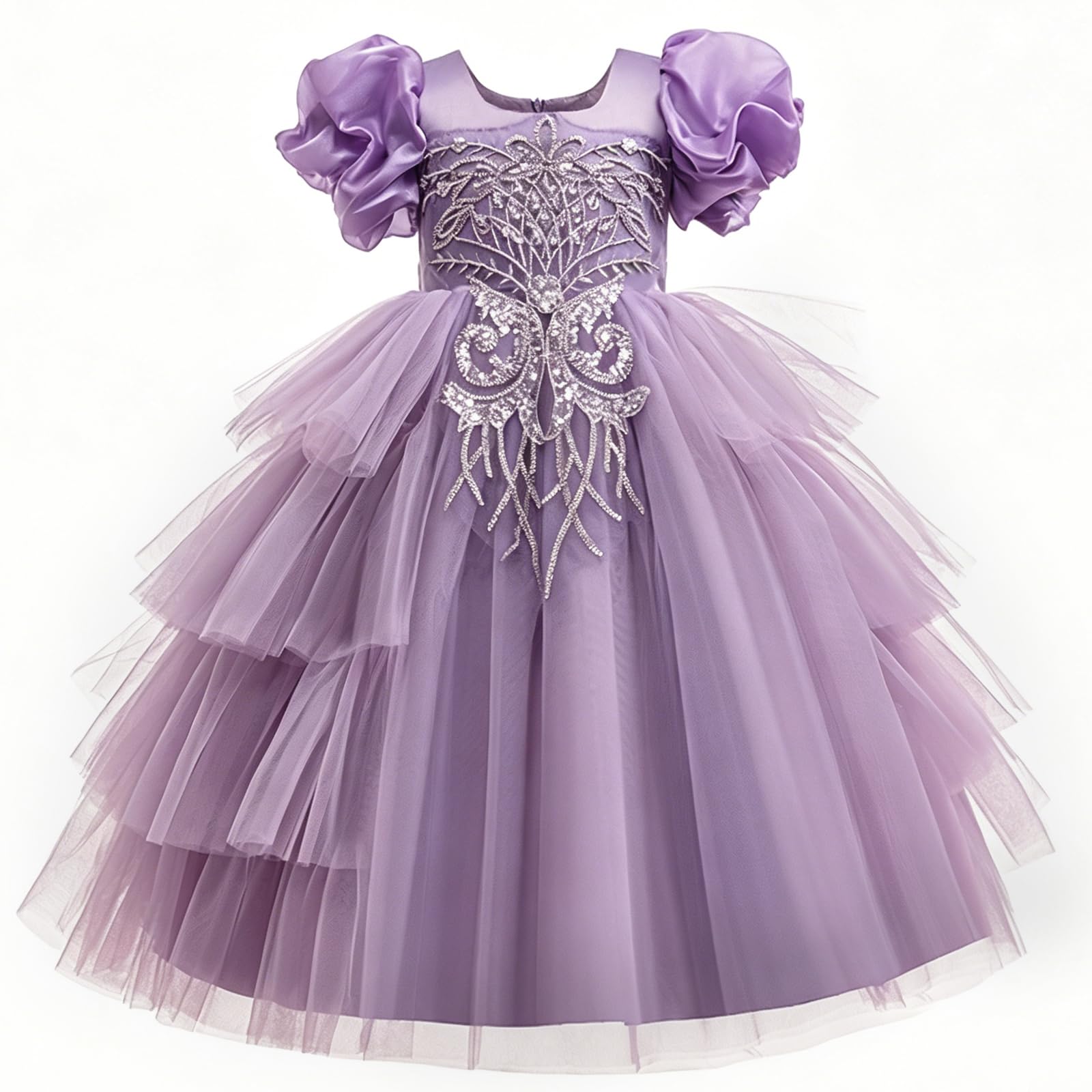Discoball Mädchen Kuchen Stil Lange Kleid Unregelmäßige Puffärmel Puffy Prinzessin Kleid für Party Hochzeit Taufe Geburtstag Festzug, violett, 6-7 Jahre