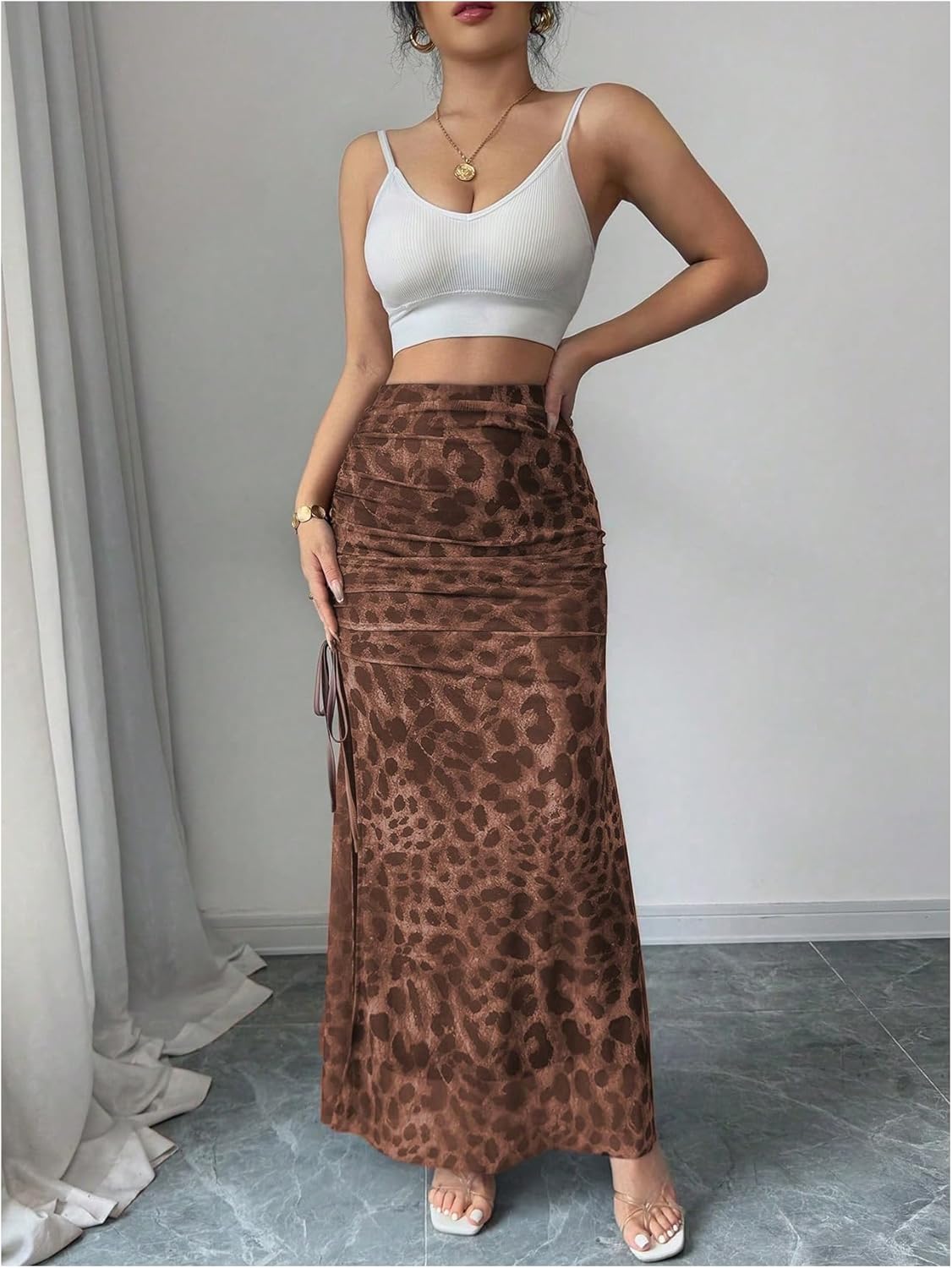 SHENHE Women's Chiffon Leopard Print Ruched Drawstring Split Thigh Bodycon Maxi Skirt - Image 5