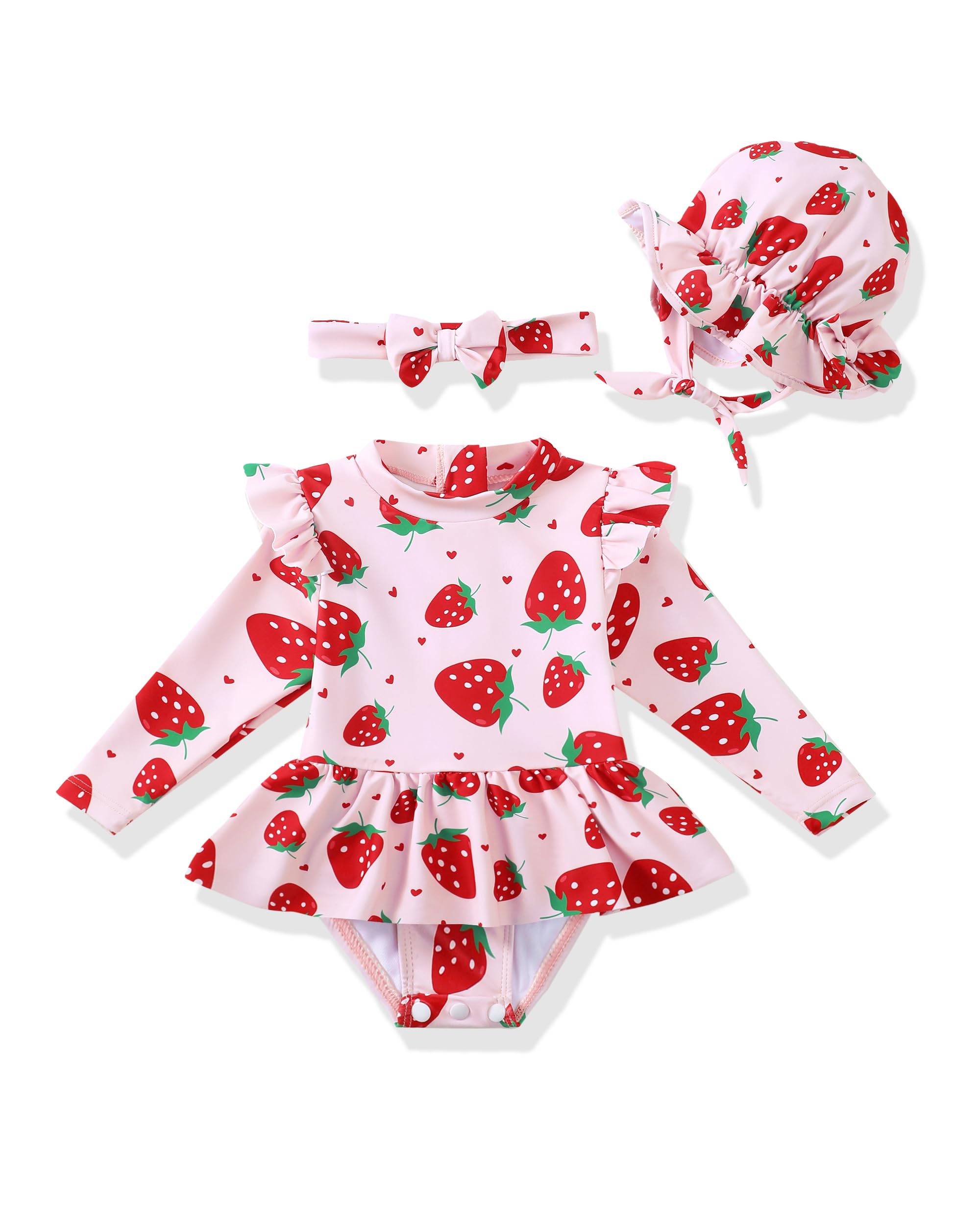 Renotemy Infant Baby Girls Swimsuit Toddler Bathing Suit Long Sleeve Zipper One-Piece Rash Guard Ruffle Swimwear with Hat
