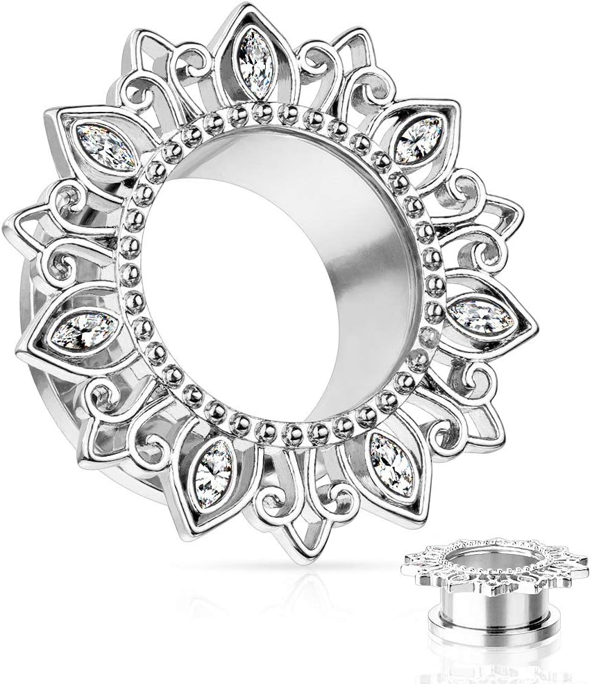 Pierced Owl - CZ Crystal Tribal Lotus Flower Screw Fit Tunnel Plugs, Sold as a Pair