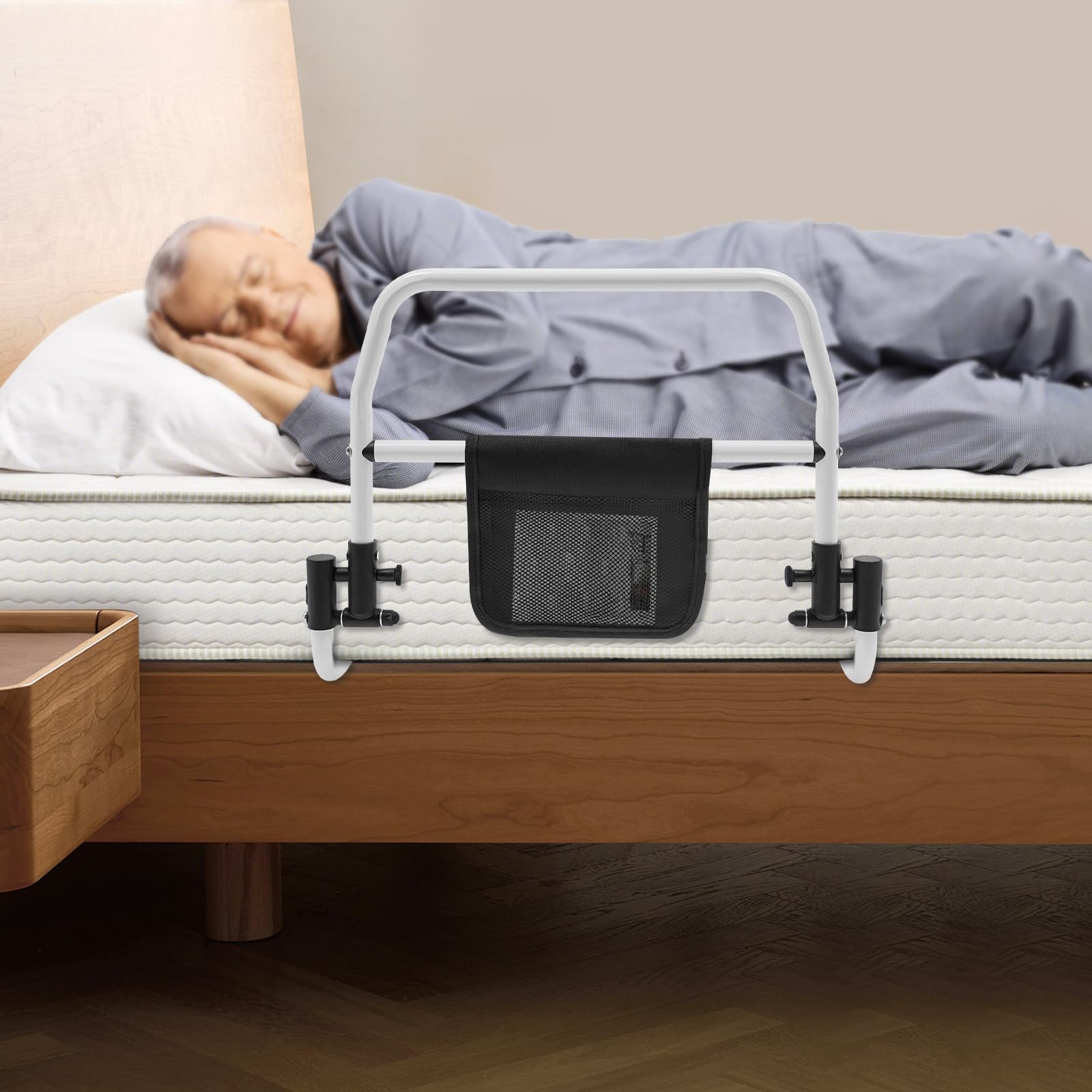 Kratka do łóżka dla seniorów, nośność 136 kg, pomoc przy wstawaniu do łóżka z pasem bezpieczeństwa, składana szyna w kształcie litery L, wysokość 44 cm, do domu opieki, wózka inwalidzkiego