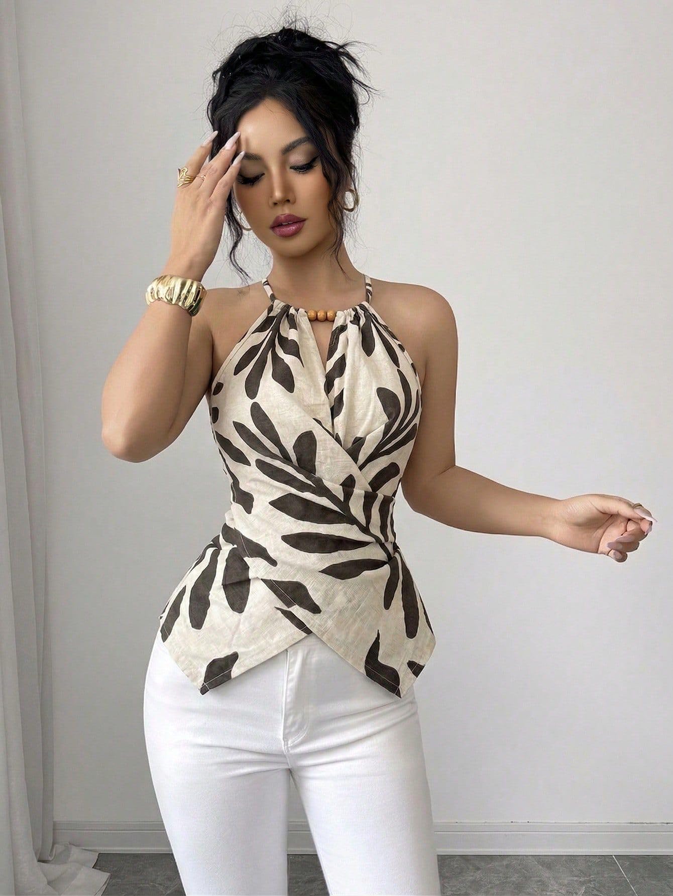 Ausgeh-Tops für Damen, Blattdruck, Bluse, Perlenausschnitt, Wickelvorn, unregelmäßiger Saum, schmale Passform, Neckholder-Tops für Damen