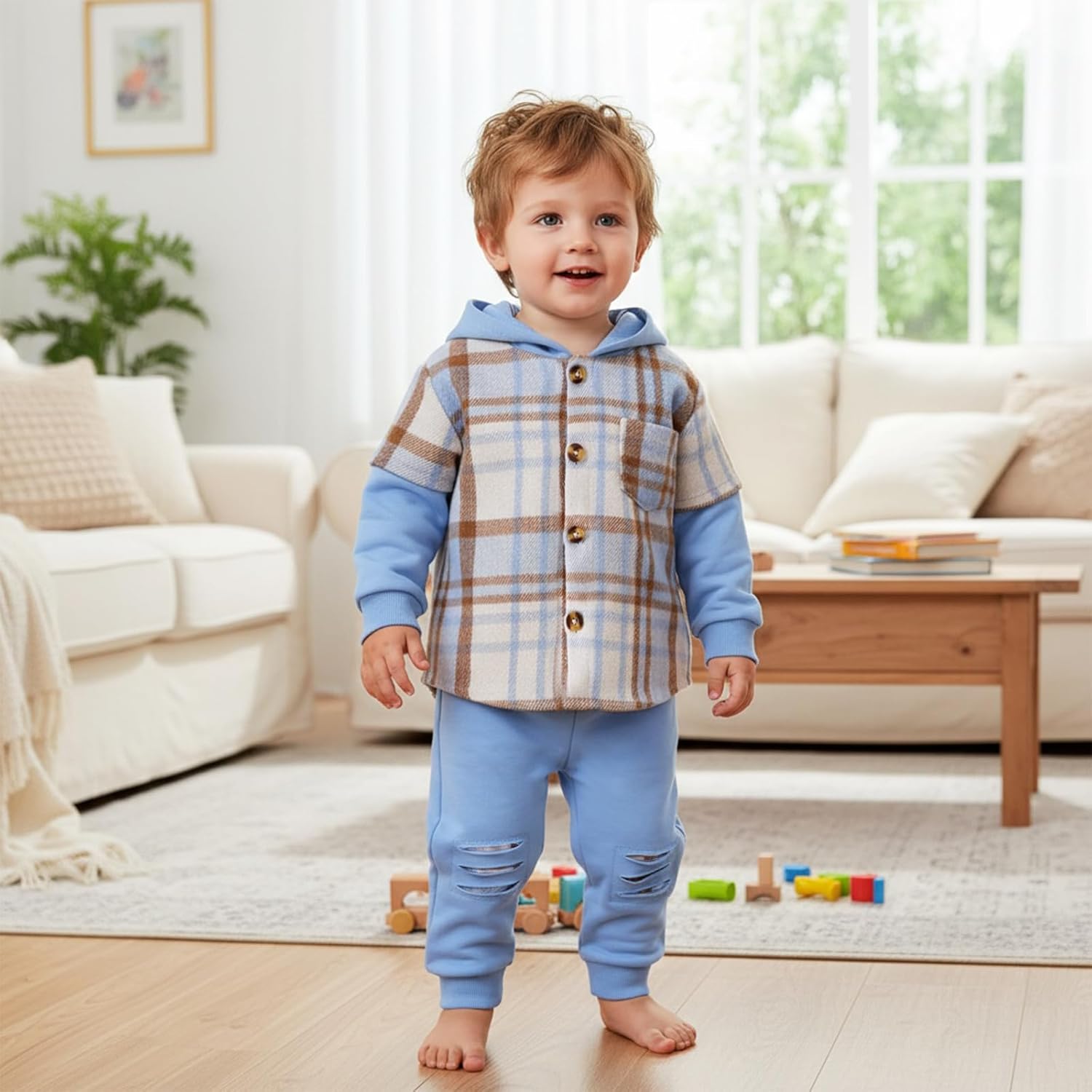 Toddler Baby Boys Clothes 2Pcs Fall Winter Outfits Sweatsuit Button Plaid Shirt Hoodie Ripped Pants 12M-5T - Image 2