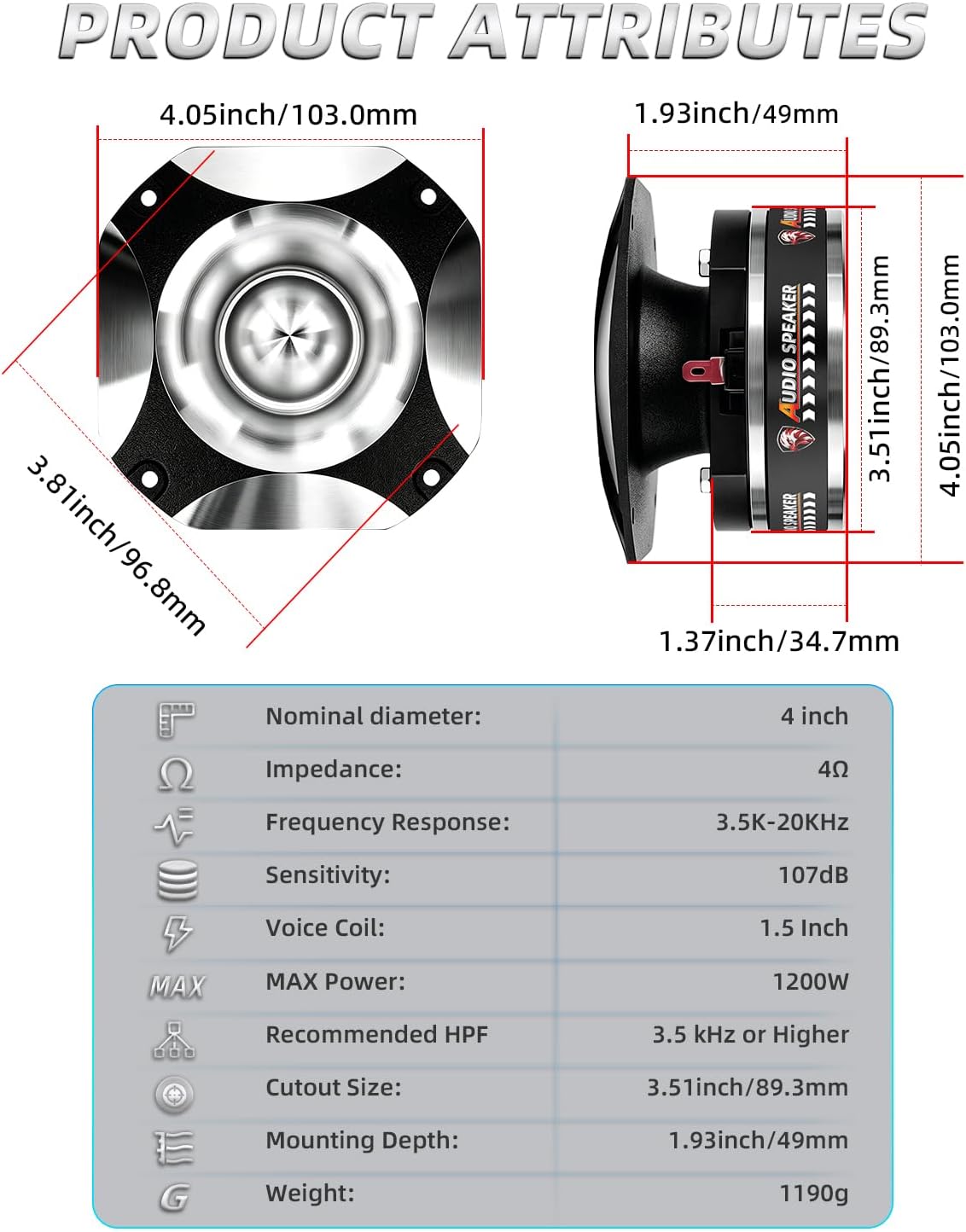 4 Inch Black Silver Super Tweeters for Car Audio, 1200W MAX 4 Ohm Bullet Tweeter Speakers Pair, 107dB Titanium Compression Drivers with 1.5 Inch Voice Coil for Door Panels Speaker Boxes