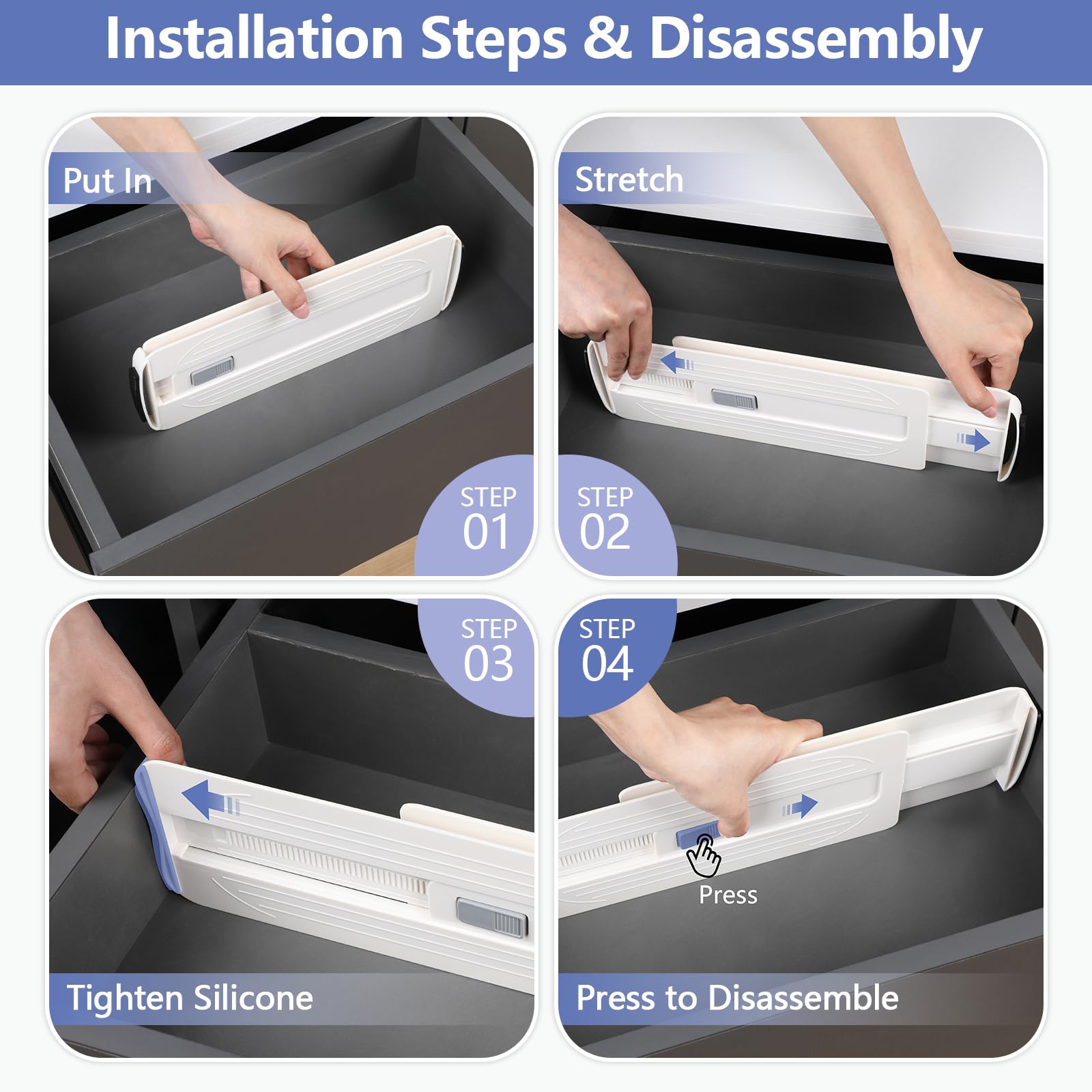 Alyvisun 6pcs Divisori per Cassetti Regolabili 29-45cm, Separatori per Cassetti Plastica dura Ispessita per Cassetti e Armadietti