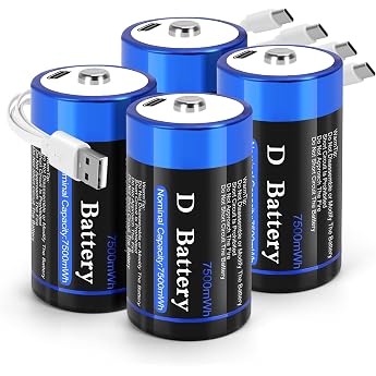 Rechargeable D Batteries Pack of 4 LR20 1.5 V | Lithium battery type D with charging cable, for toys, torches, radios, lanter