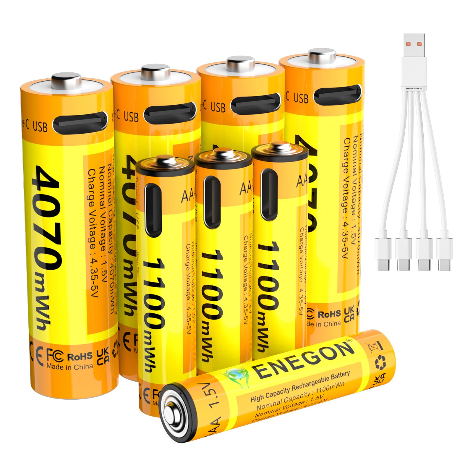 ENEGON Confezione AAA+AA: 4 batterie AAA + 4 AA al litio ricaricabili USB-C, AAA 1100 mWh/AA 4070 mWh, 1,5 V costanti, cavo di ricarica 1-a-4, per telecomandi, bilance, tastiere e mouse