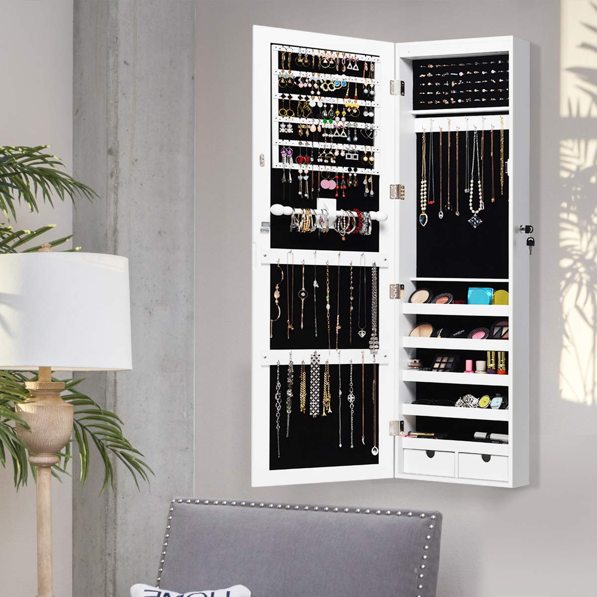 RELAX4LIFE Schmuckschrank mit 15 LED Leuchten & Spiegel, Hängeschrank im Landhausstil, Spiegelschrank mit 2 Schubladen & 2 Schlüsseln, Tür- & Wandmontage, für Ohrringe & Ketten & Ringe, Weiß, Holz
