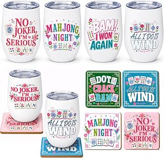 Mahjong Gifts for Women, 4 Pack 12 oz Insulated Tumblers with Lids and Matching Cork Coasters, Stainless Steel Cups for Game Night, Unique Accessories and Gifts for Mahjong Lovers
