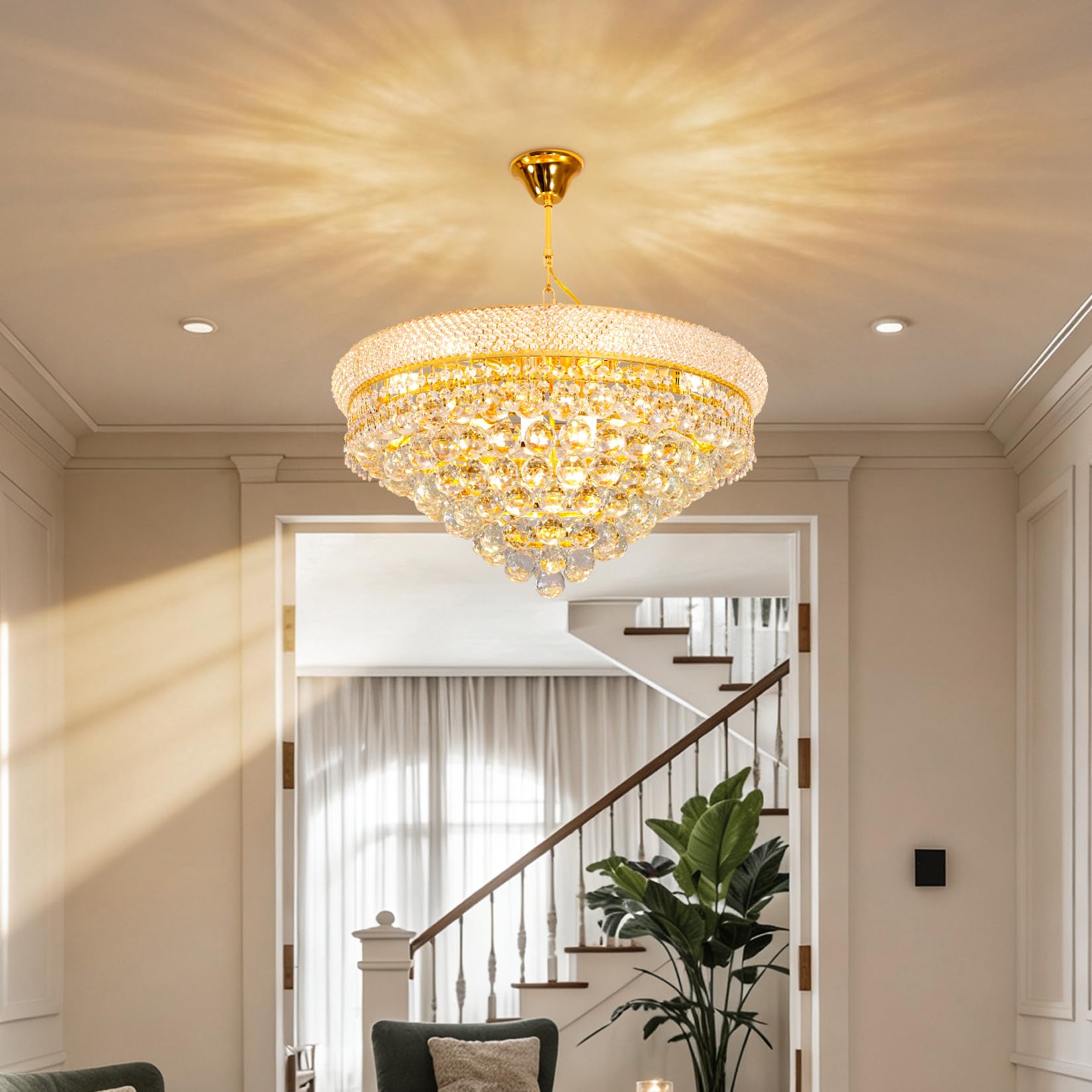 Lámpara de Araña de Cristal Moderna Dorada: Lámpara de Techo Redonda para Salón, Dormitorio, Comedor y Restaurante, Iluminación Interior de Cristal, Incluir E14 x 9, Ø 62 cm