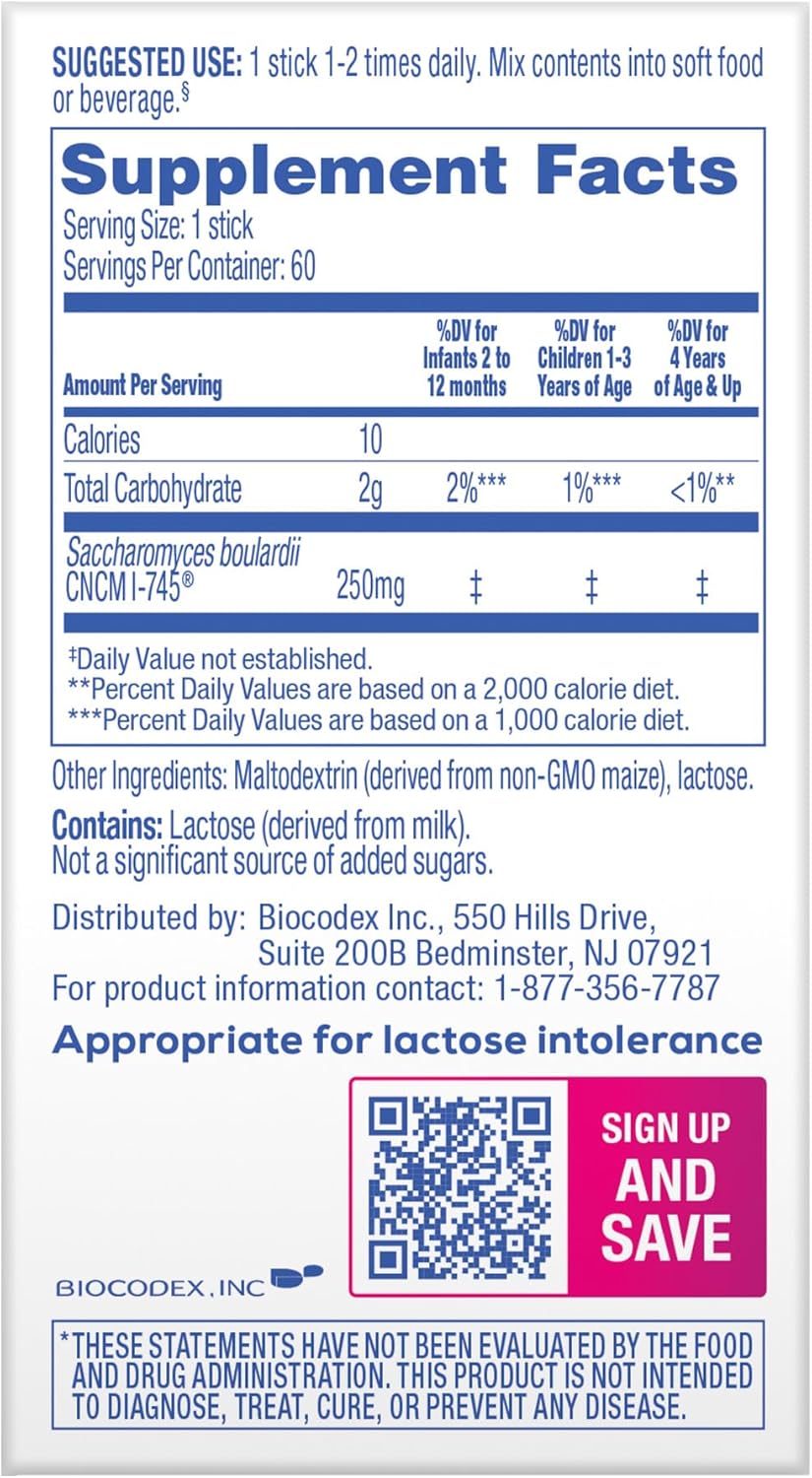 Florastor Kids Dual Action Probiotic Supplement, Strengthens Kids' Digestive & Immune Health, 60 Easy-to Mix Powder Sticks