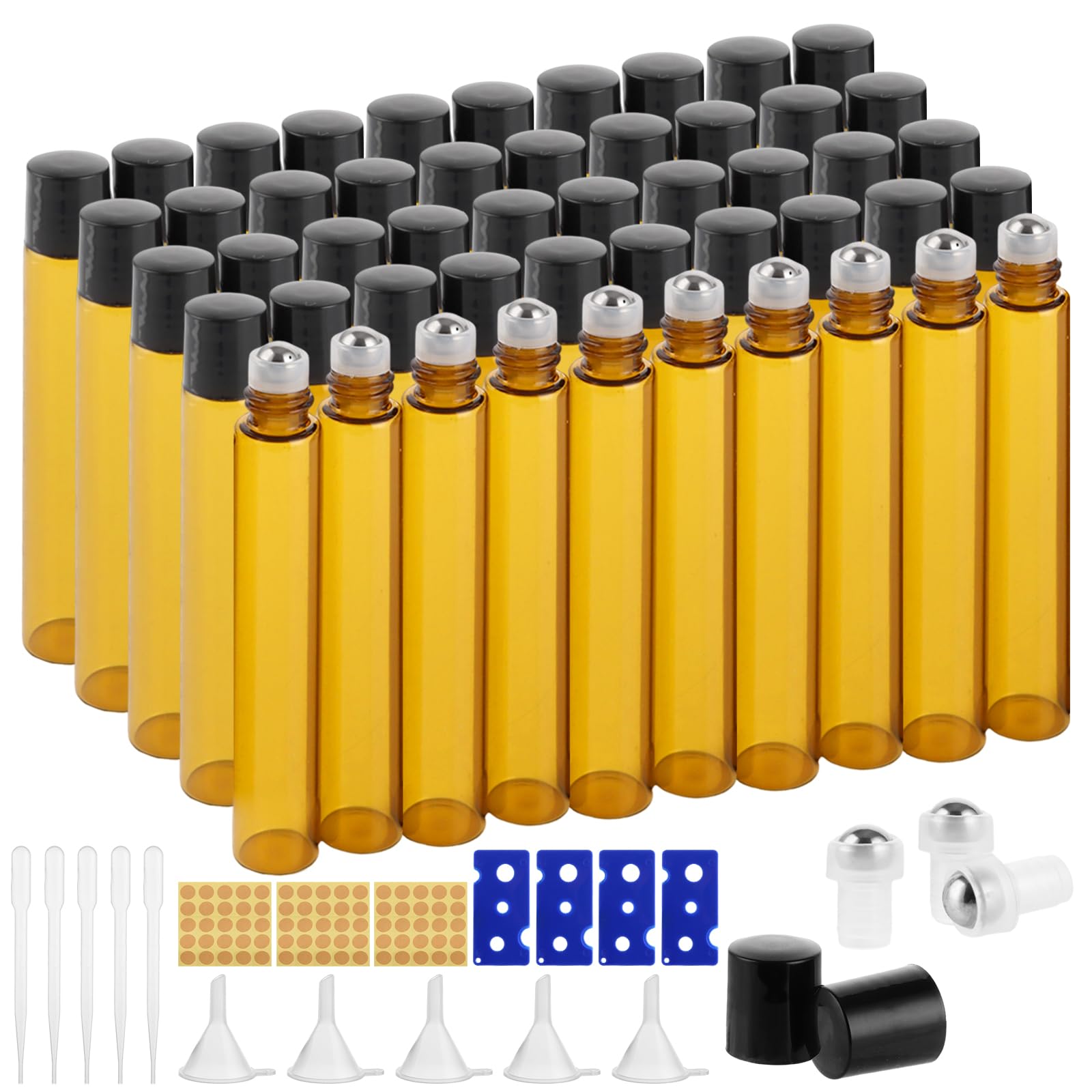 CYEER Lot de 50 Flacons Roll-on 10 ml en Verre Ambré – Bouteilles à Bille en Acier Inoxydable pour Huiles Essentielles & Parfums – Kit Complet avec Entonnoirs, Pipettes & Étiquettes pour DIY & Voyage
