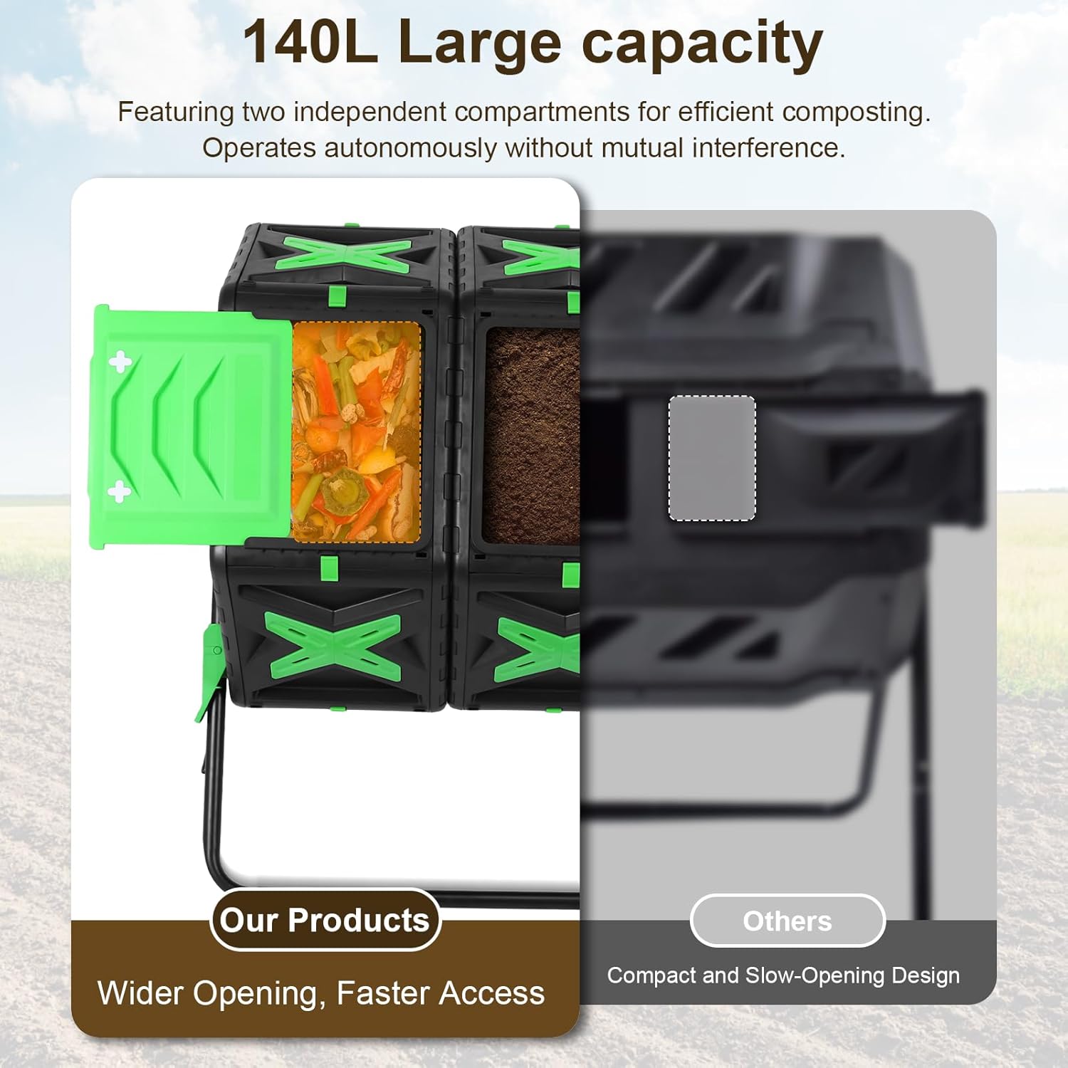 Generic 140L Dual Chamber Efficient Outdoor Compost Bin Fast Assemble Tumbling Heavy Duty Tumbling Rotating Composter Easy Setup W/Sliding Door for Outside Garden and Yard