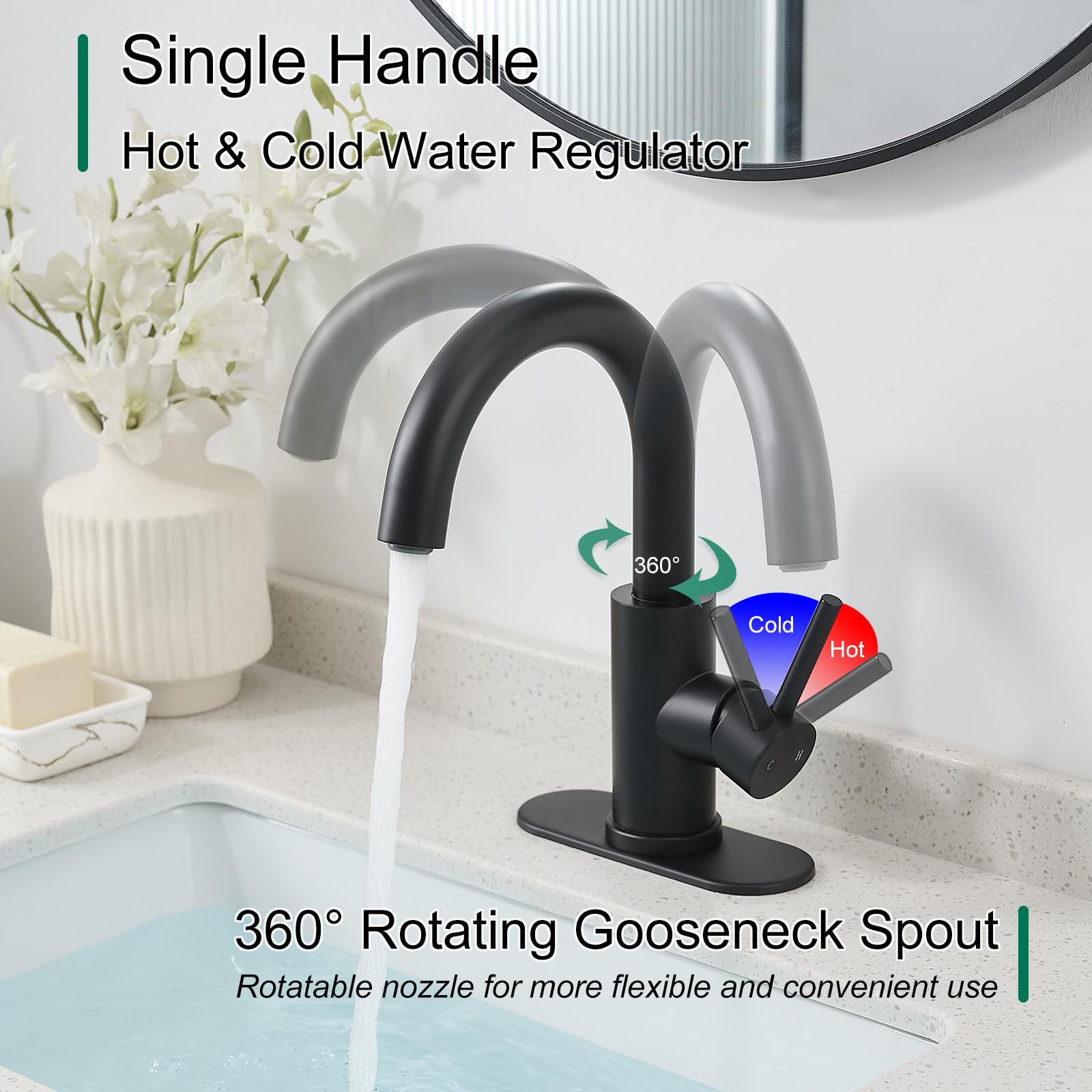 VOTON Bar Sink Faucet Bathroom Kitchen 360 Rotatable Faucet Matte Black Single Hole Bathroom Faucets Modern Small Mini — view 4