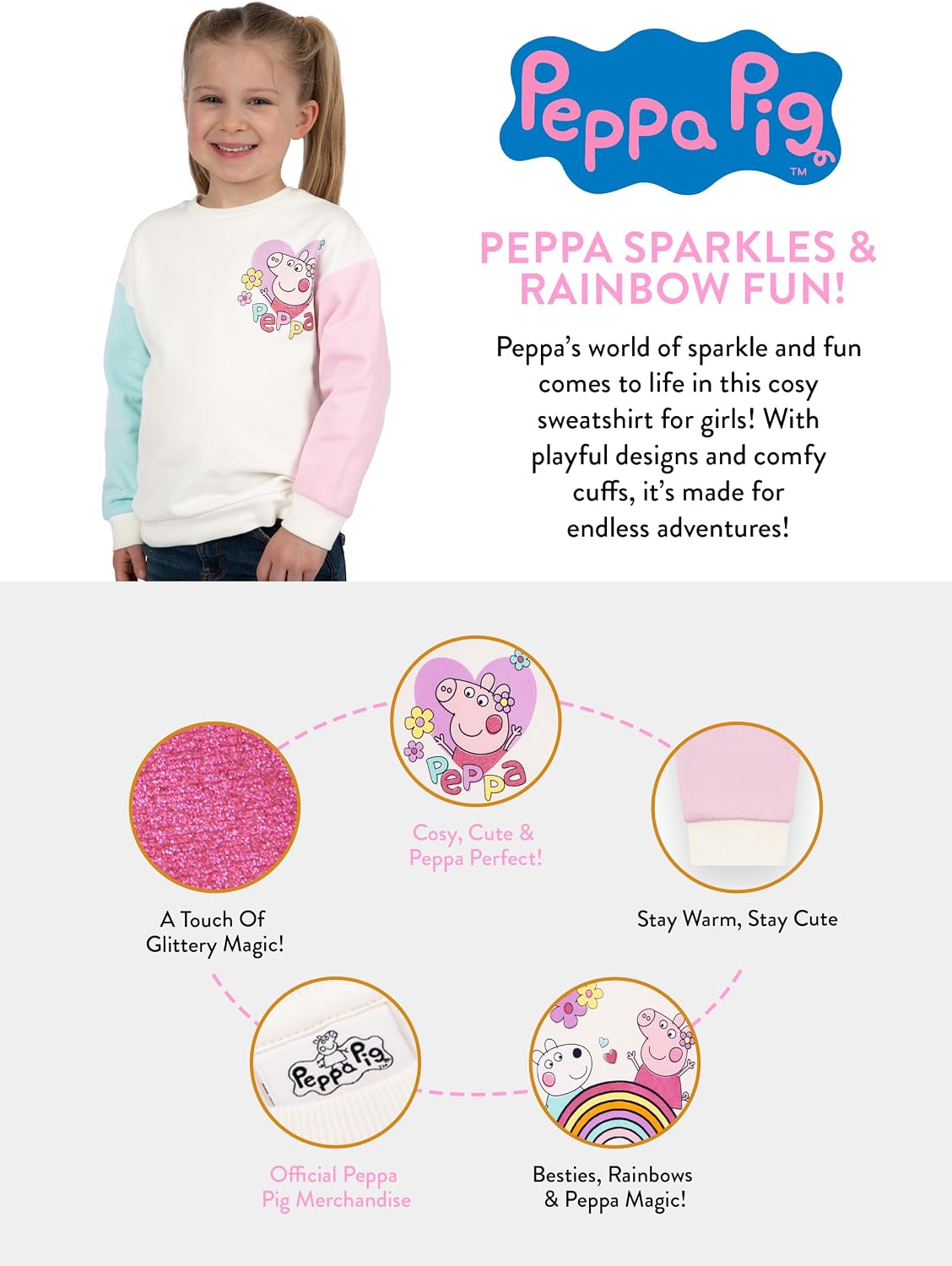 Peppa Pig Sweatshirt | Cotton Girls Sweatshirt | Long Sleeve Girls Sweater | Glittery Kids Jumper