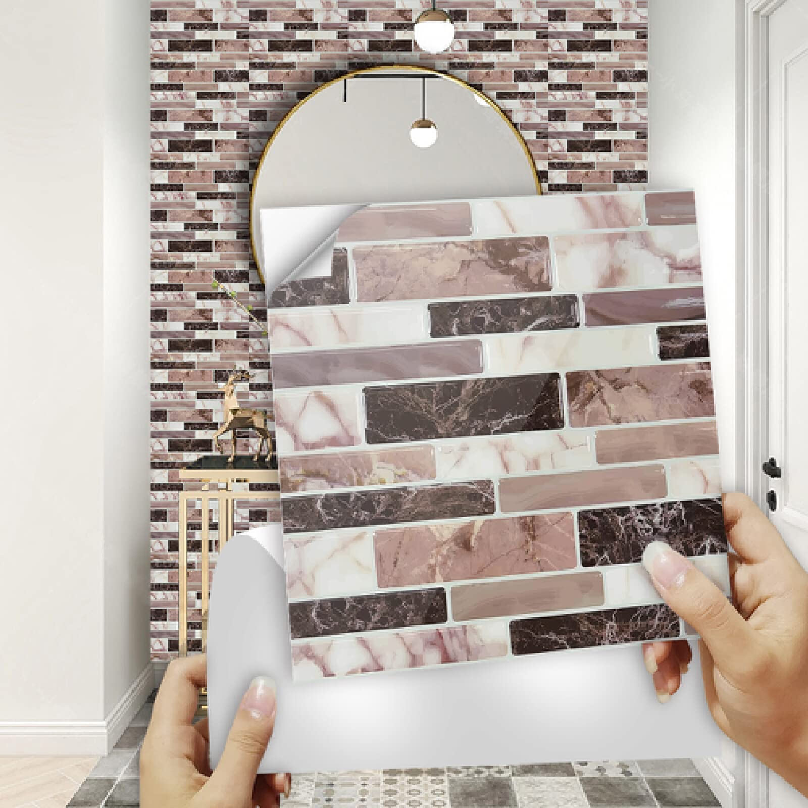 LMYSXAOZ Tile Stickers Rose Gold Cream White Stick On Tiles PVC for Kitchen Heat Resistant Self Adhesive Walls Waterproof Peel and Floor Bathroom Wallpaper 10x10cm/10pcs
