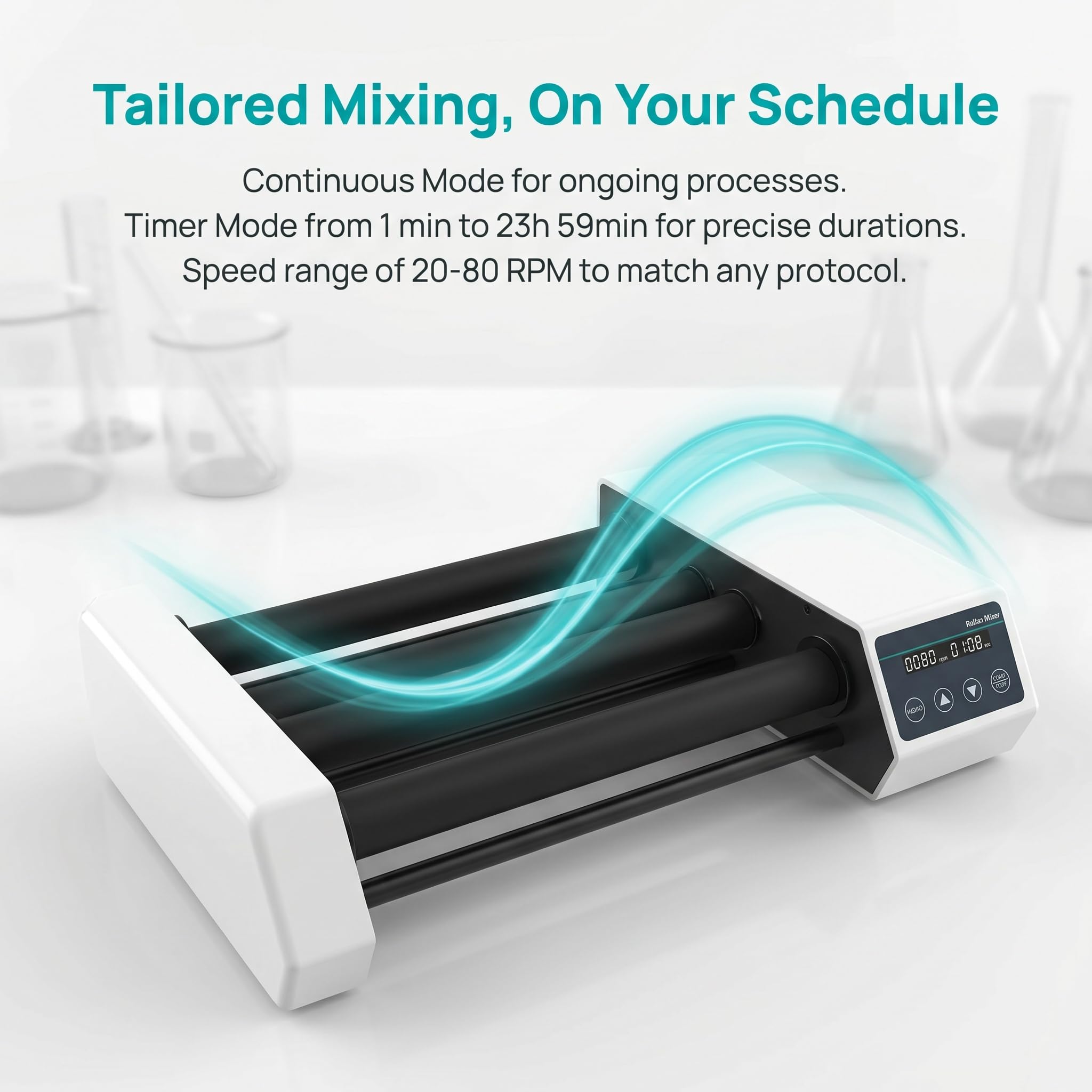 Mezclador De Rodillos para Frascos De Laboratorio, Agitador Digital Basculante De 4 Rodillos para Frascos De Reactivos, Velocidad Ajustable De 20 A 80 RPM, Modos De Temporización Y Continuo