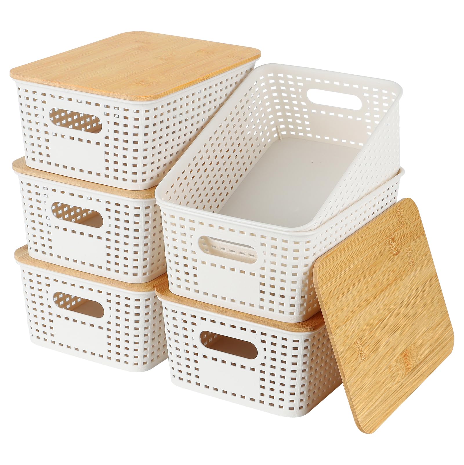 Esilihom 6 cestas de almacenamiento con tapa de bambú, contenedores de almacenamiento con tapa de plástico, cajas apilables blancas, caja pequeña con tapa para cocina, baño, escritorio, armario